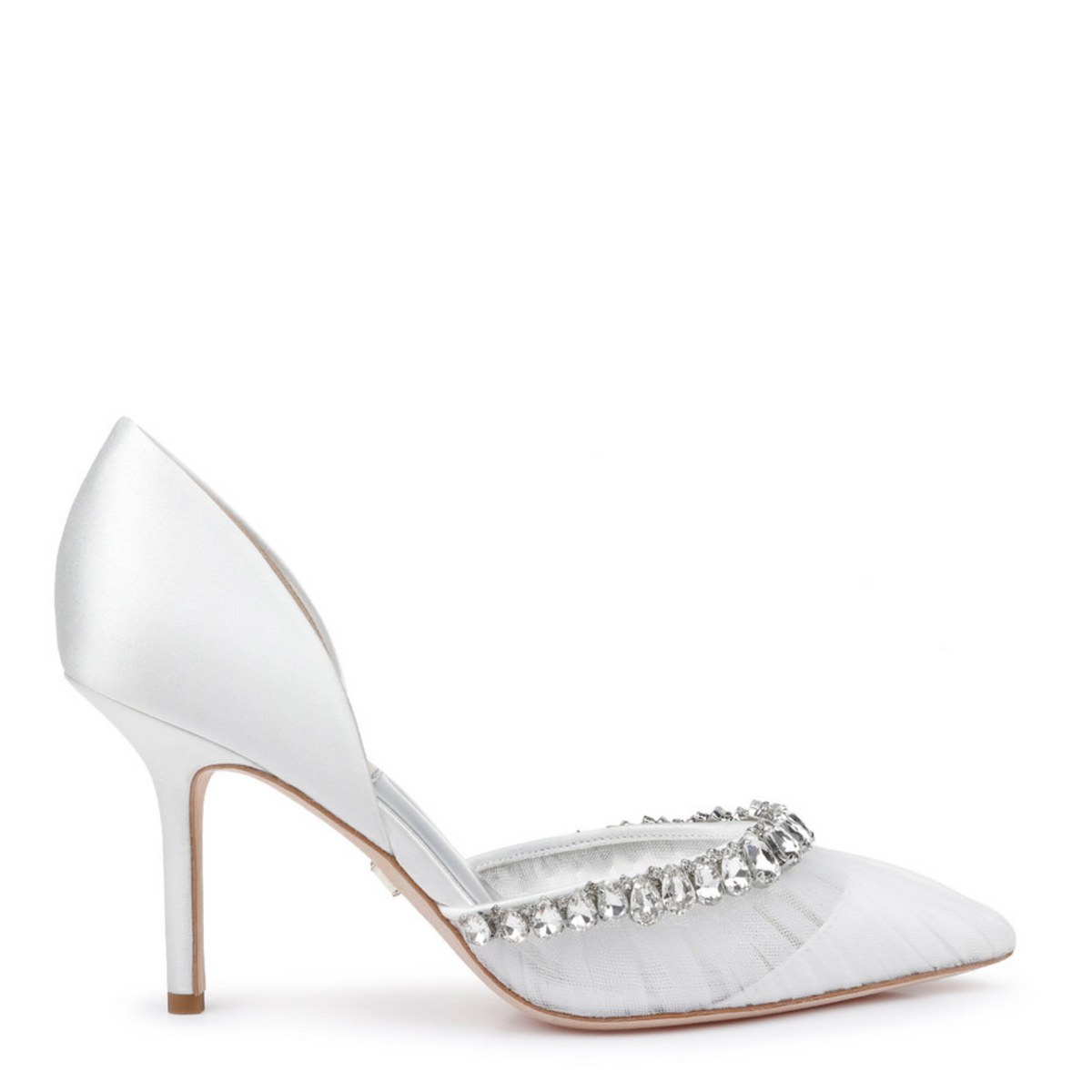 Everley Satin Tulle D orsay Heels with Crystal Embellishments Soft White