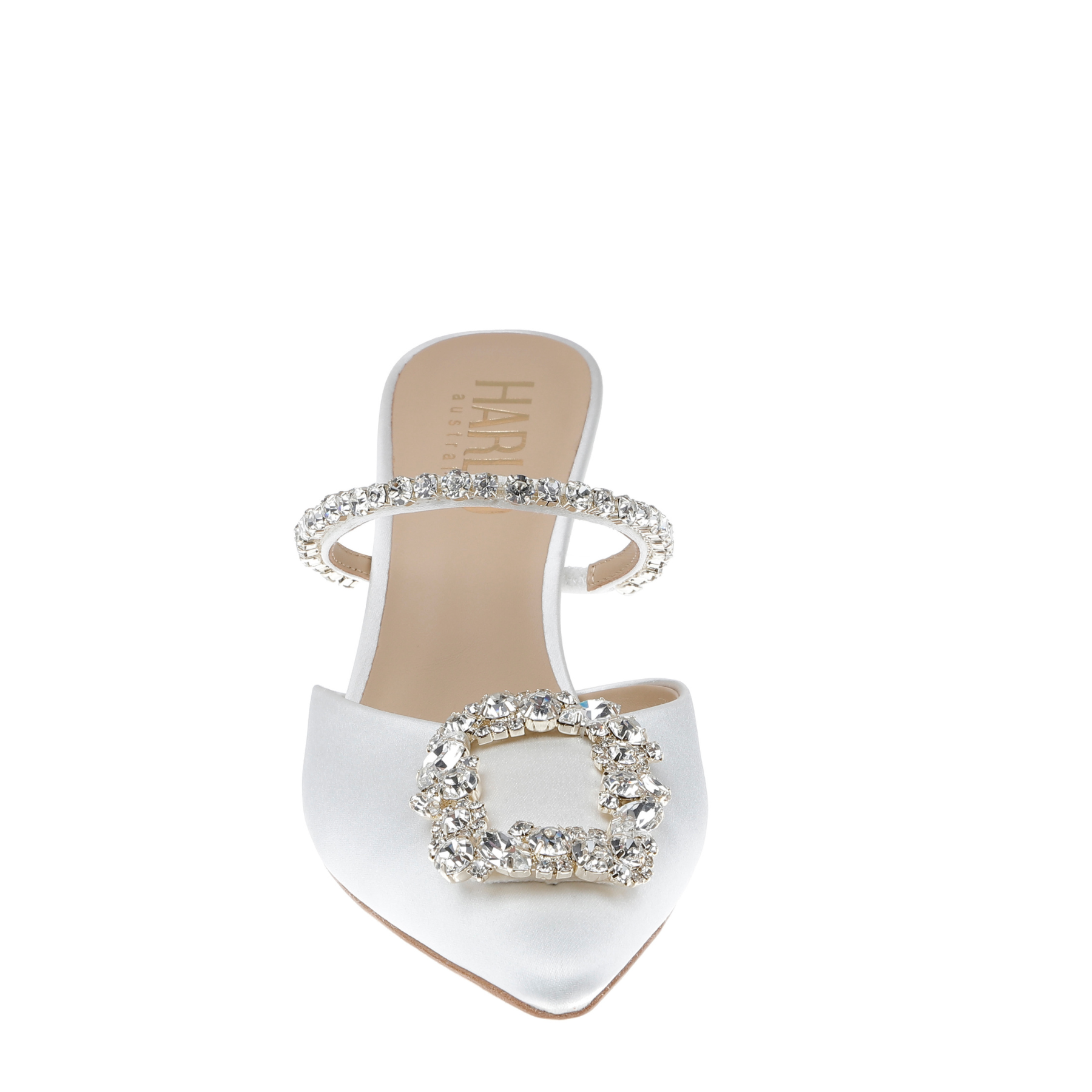Faith - Pointed Toe Crystal Embellished Kitten Mule - Soft White
