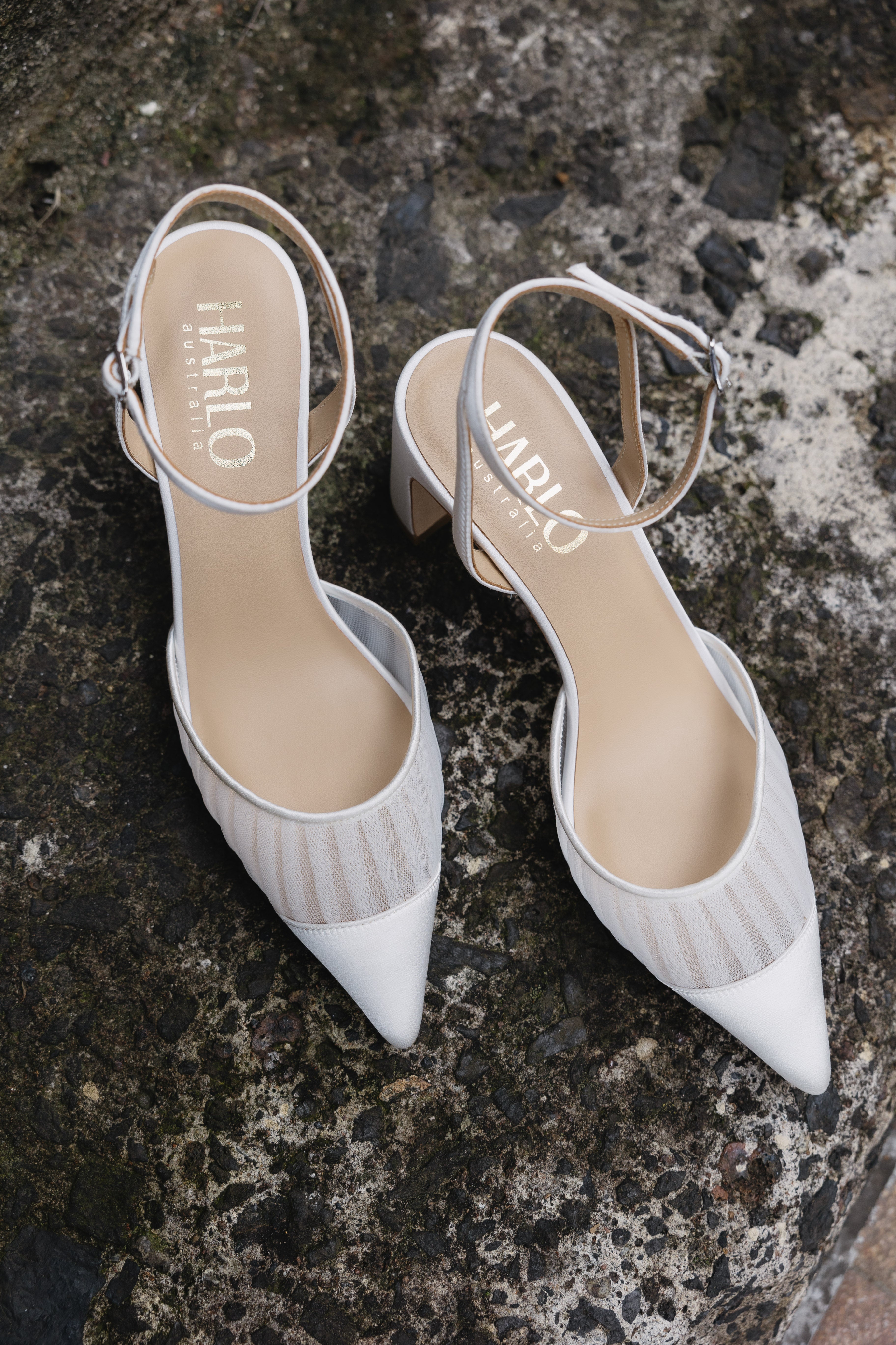Farah - Tulle & Satin Pointed Toe Low Block Heel - Soft White