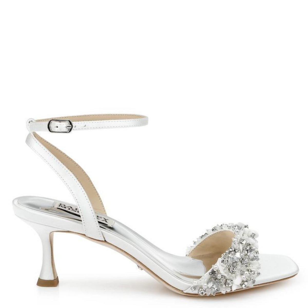Badgley Mischka Telissa Open Toe Mid Kitten Heel With Pearls and Crystals Soft White The White Collection