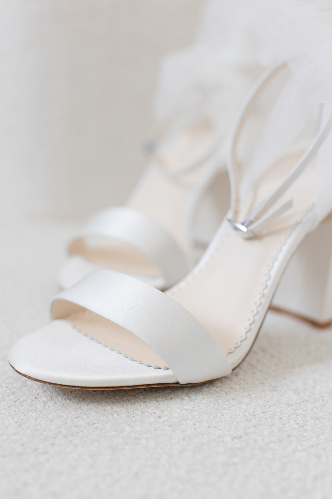 Reina - Ivory Open Toe Tulle Bow Block Heel Sandals with Ankle Straps