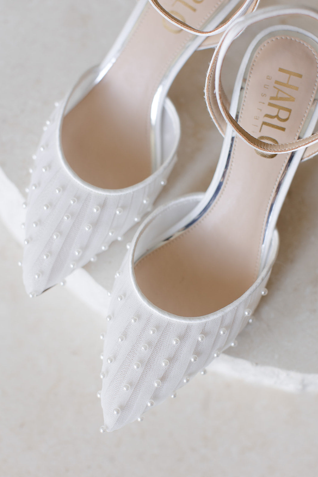 Ellie - White Low Heel with Handsewn Pearls