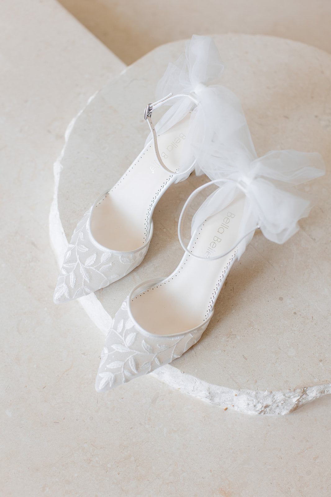 Joselyn - Vine Embroidered Ivory Lace Heels with Ankle Strap Tulle Bows