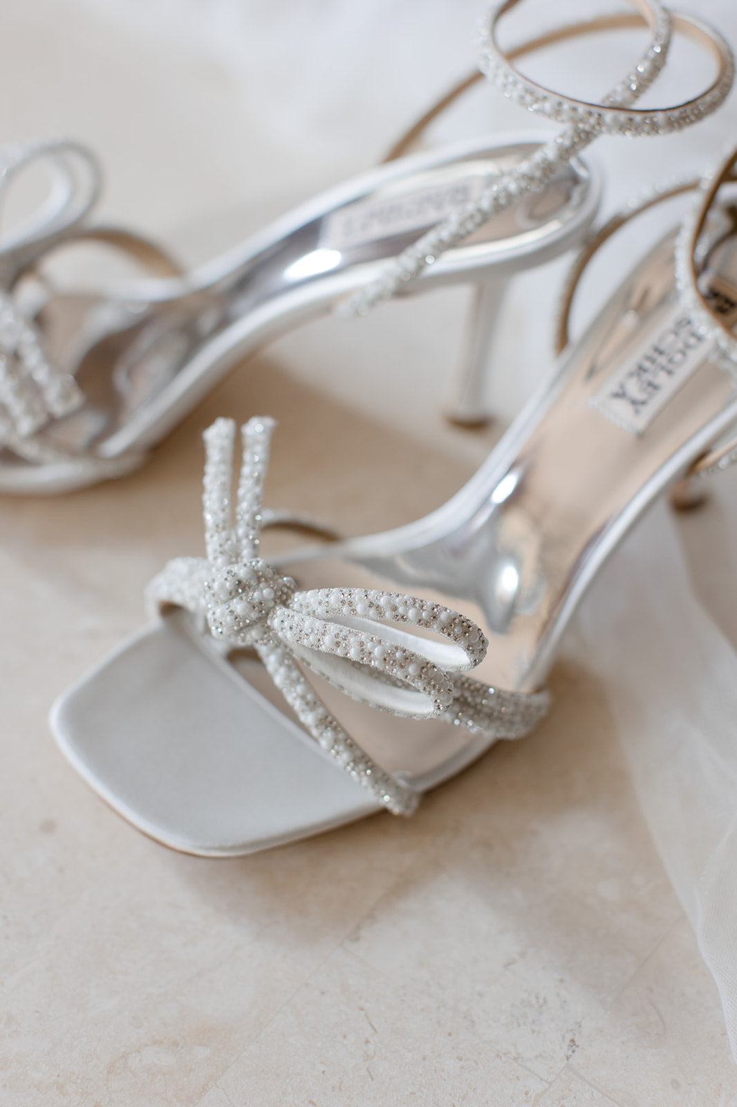 Effie - Strappy Bow Stiletto Heels with Pearls and Crystals - Soft White
