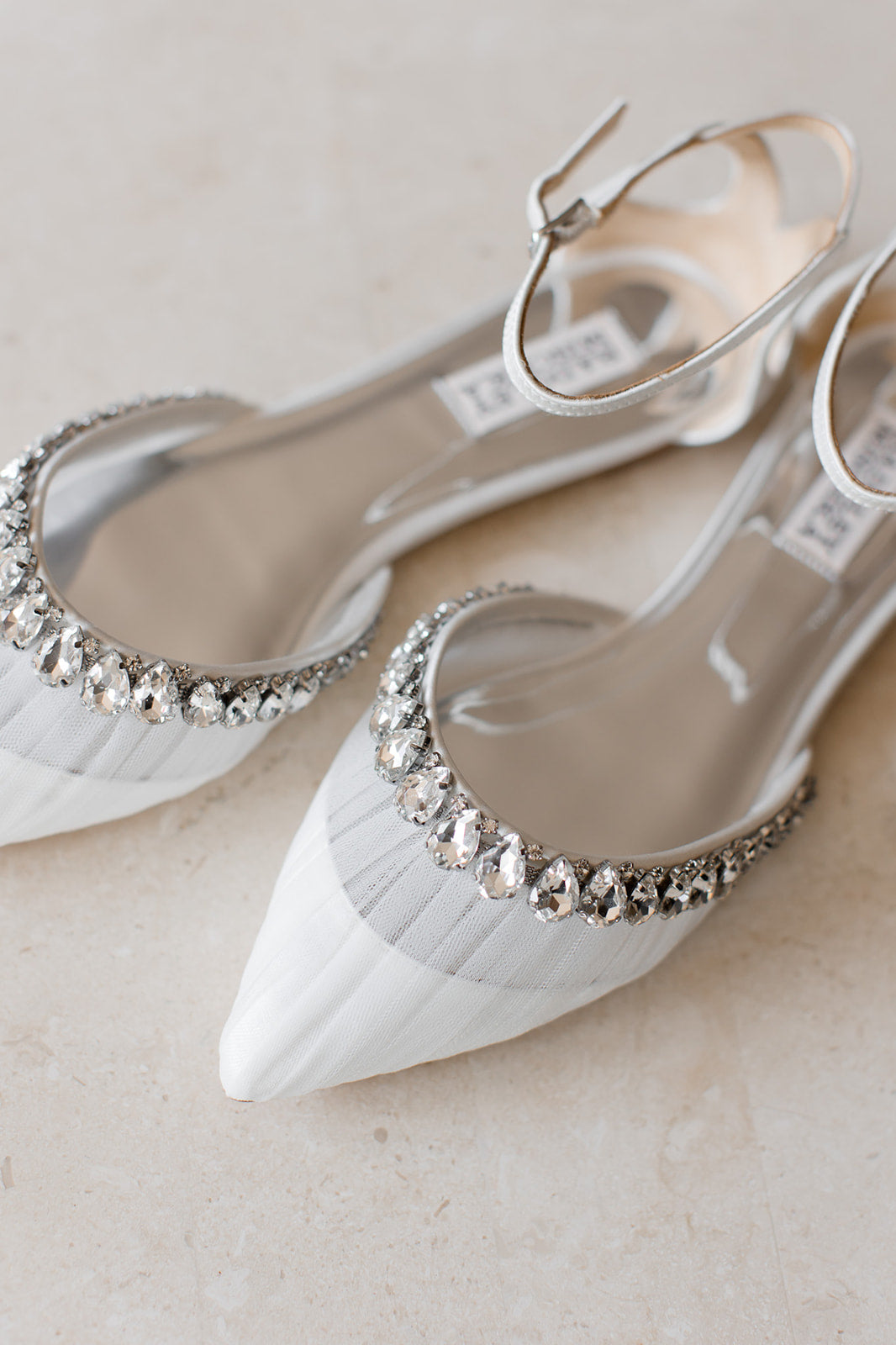 Evelynn - Crystal Embellished Tulle & Satin Flats - Soft White