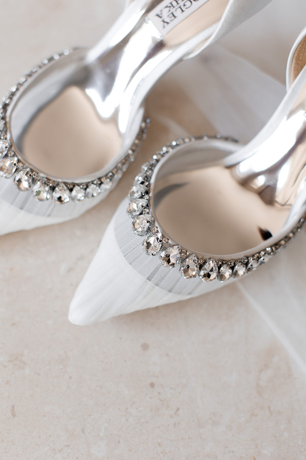 Everley - Satin & Tulle D'orsay Heels with Crystal Embellishments - Soft White