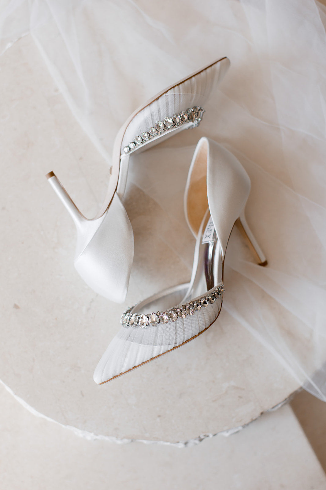 Everley - Satin & Tulle D'orsay Heels with Crystal Embellishments - Soft White
