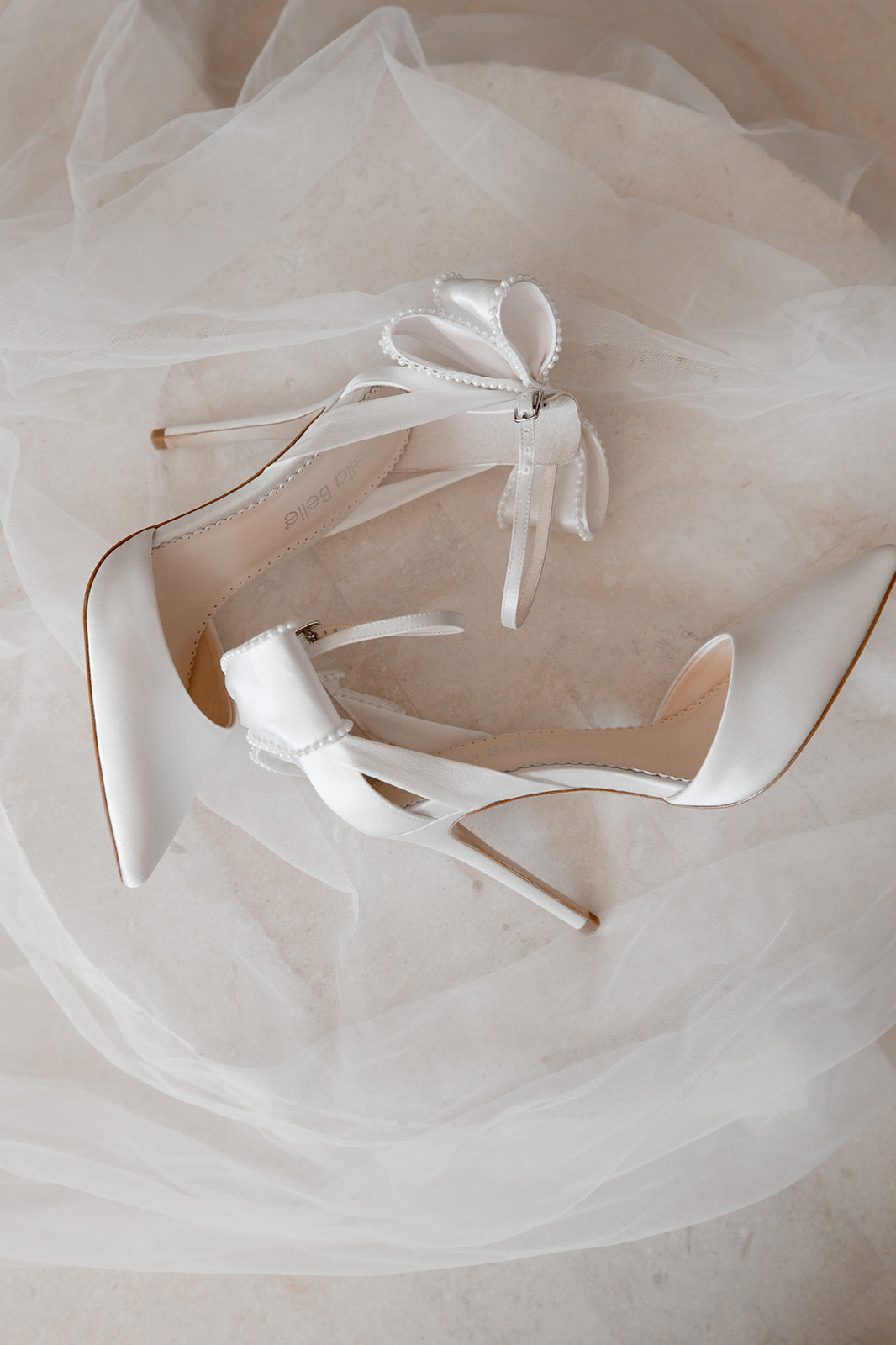 Mirabelle - Ivory Pearl Stiletto Wedding Heels with Ankle Strap Bow