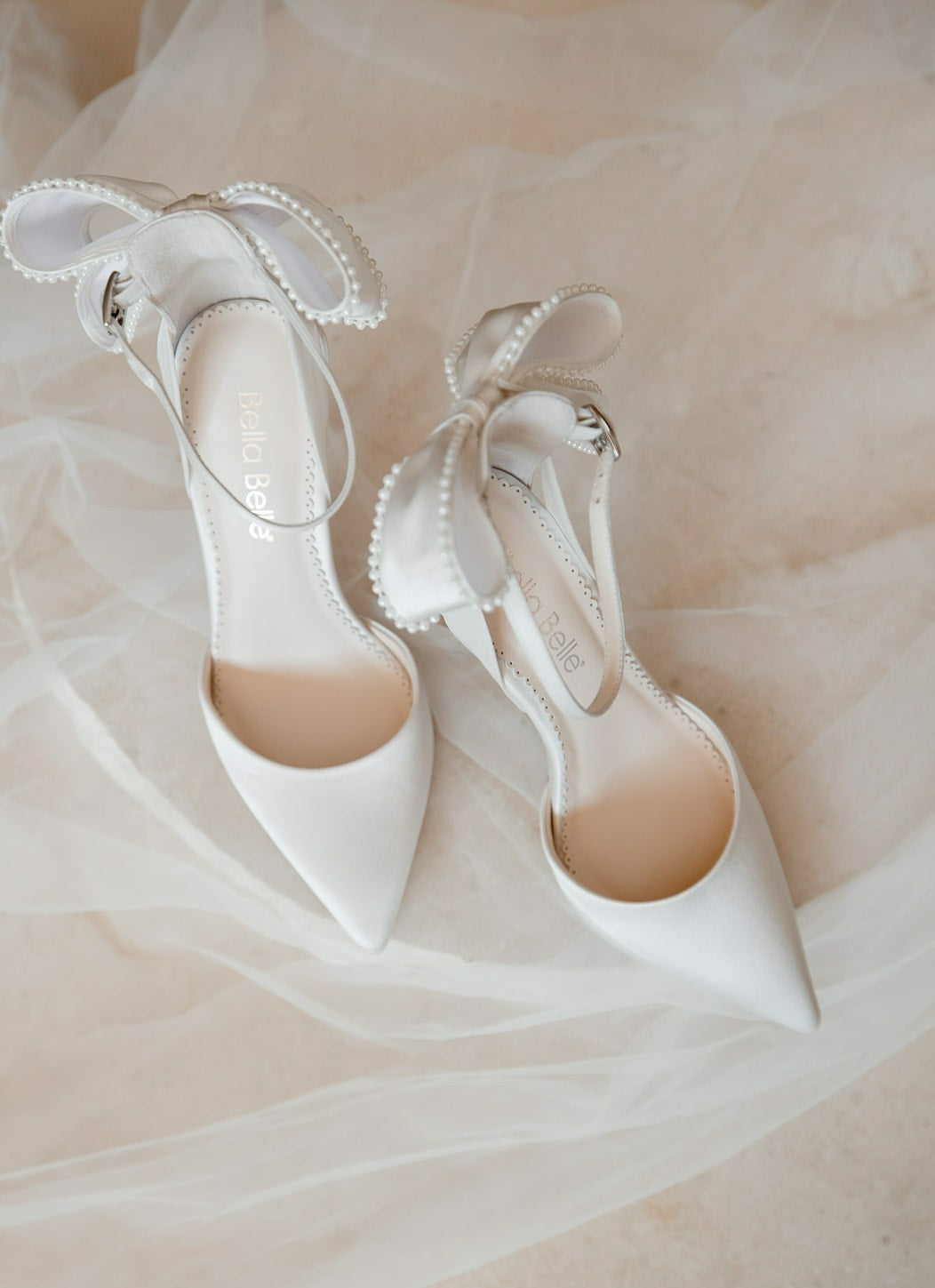 Mirabelle - Ivory Pearl Stiletto Wedding Heels with Ankle Strap Bow