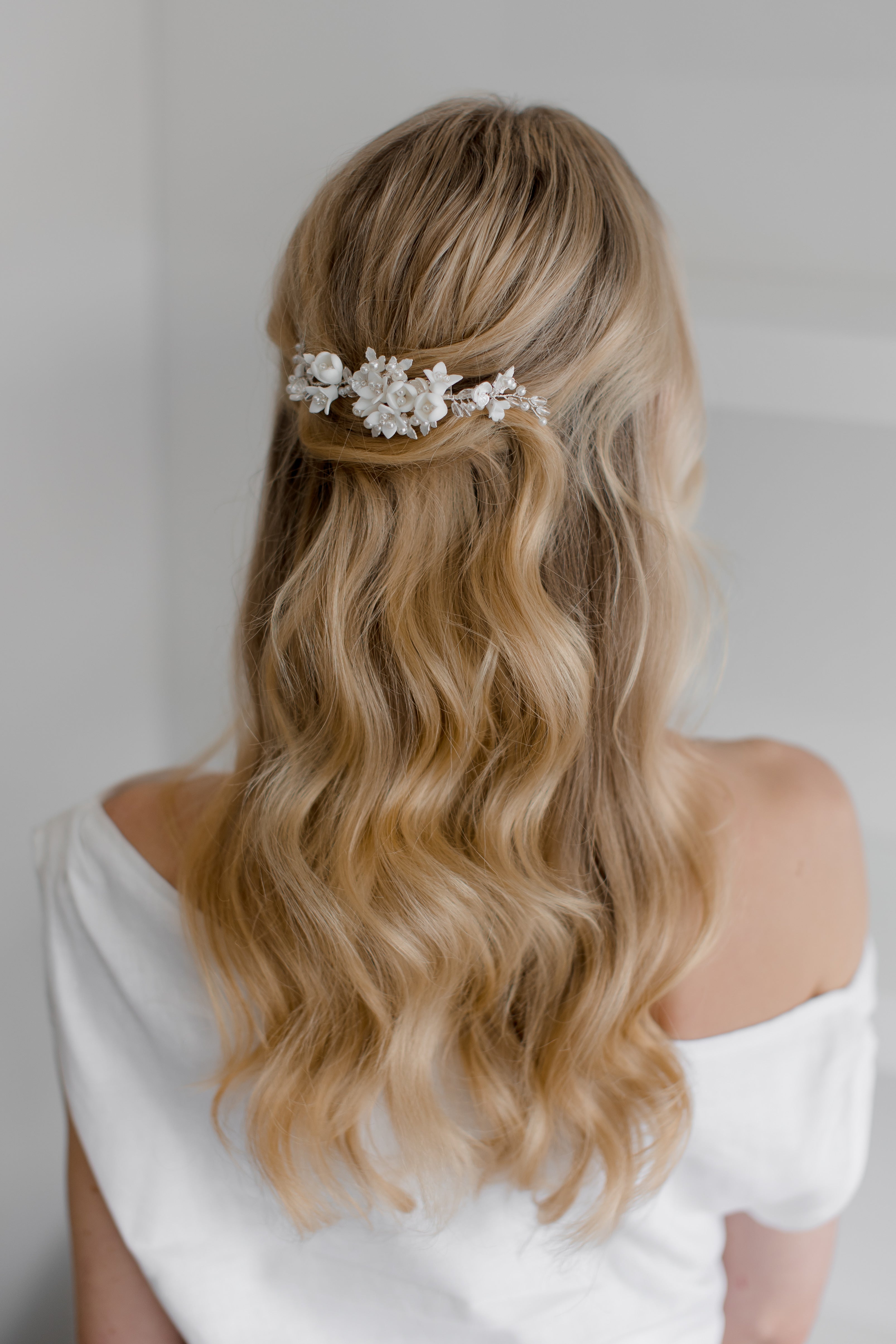 Caroline - Delicate Porcelain & Crystal Floral Pearl Bridal Hair Clip