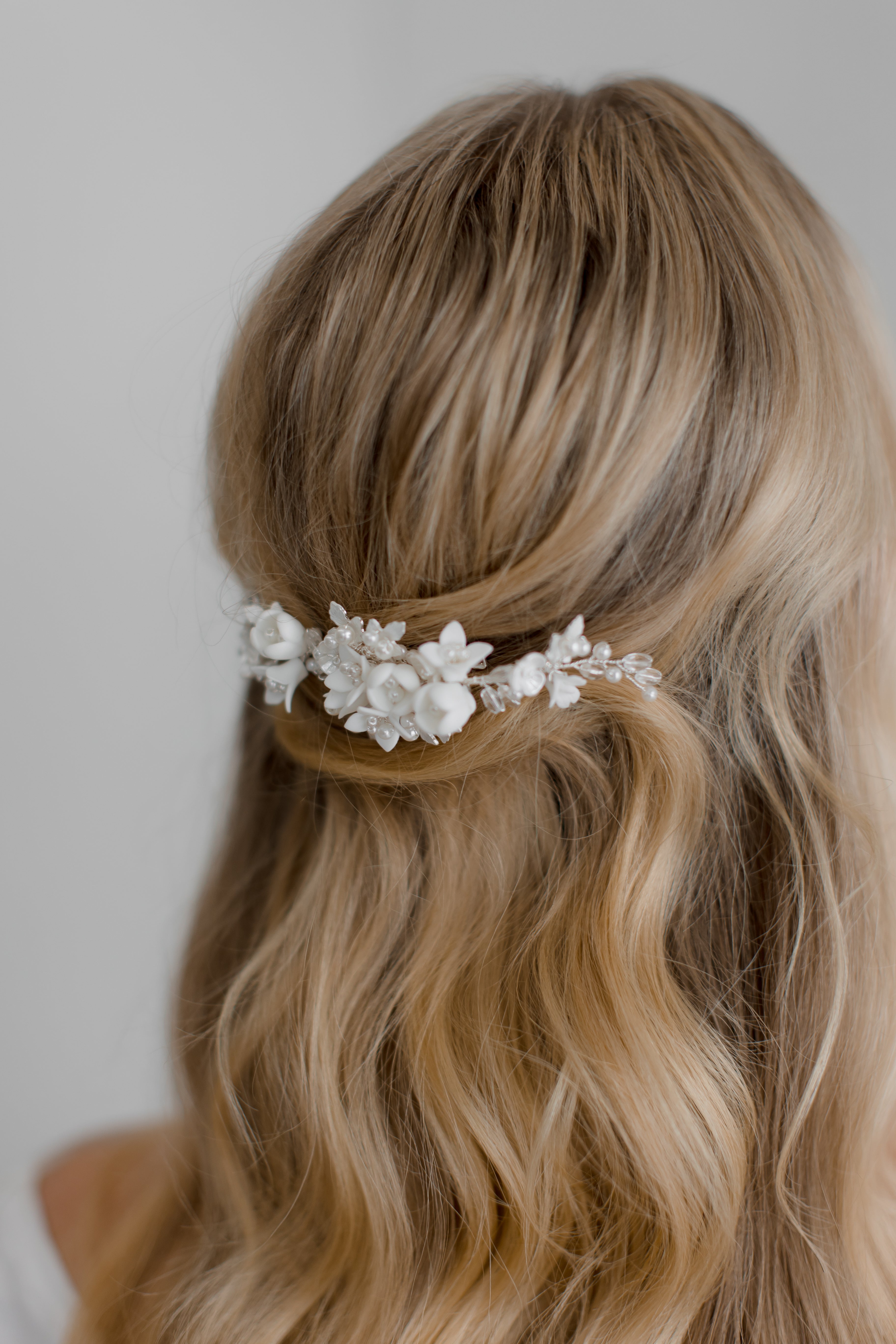 Caroline - Delicate Porcelain & Crystal Floral Pearl Bridal Hair Clip