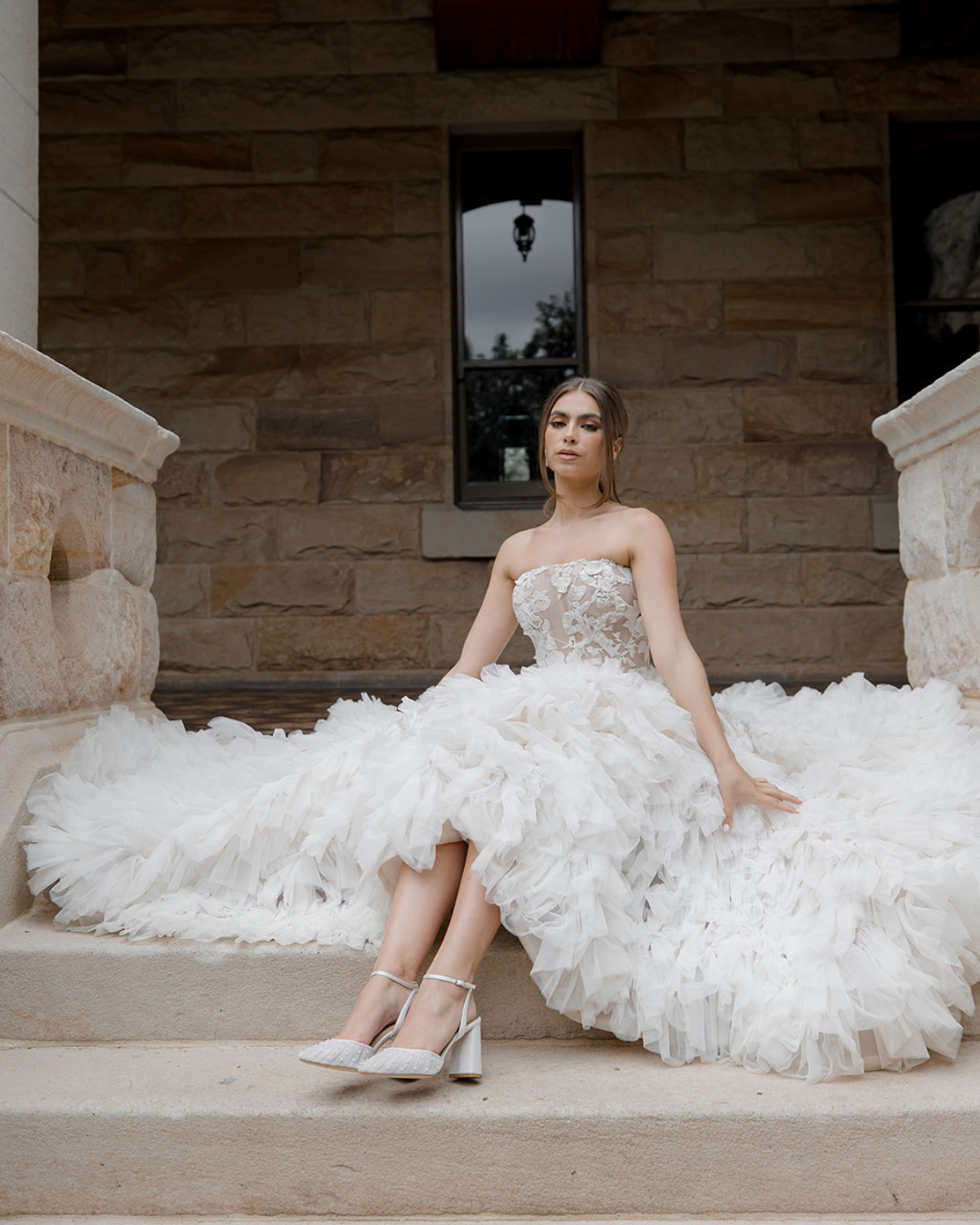 Elle - Tulle Block Heeled Point with Handsewn Pearls - Soft White