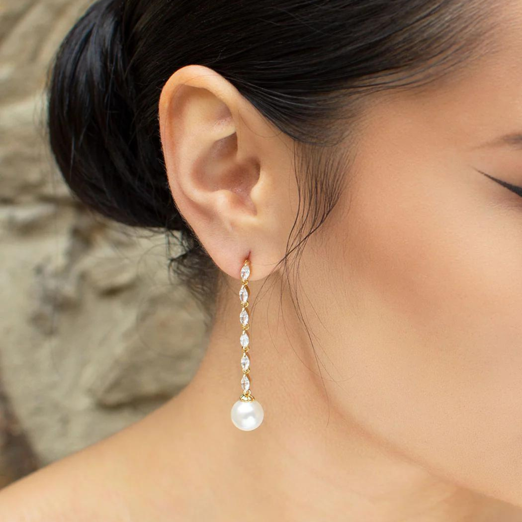 Melanie - Long Drop Navette Crystal and Pearl Bridal Earrings
