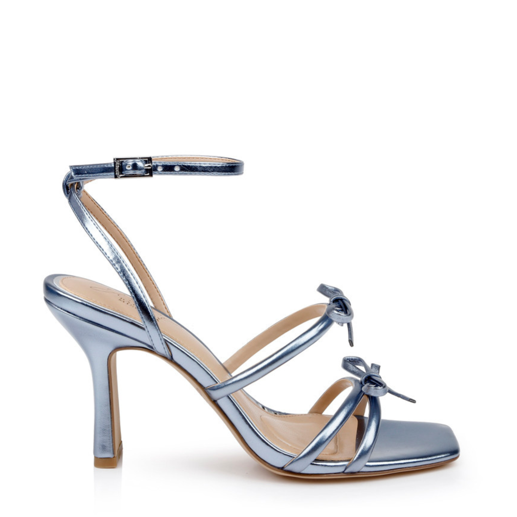 Kiyomi II - Metallic Block Stiletto Heel Sandals with Bow Straps - Blue