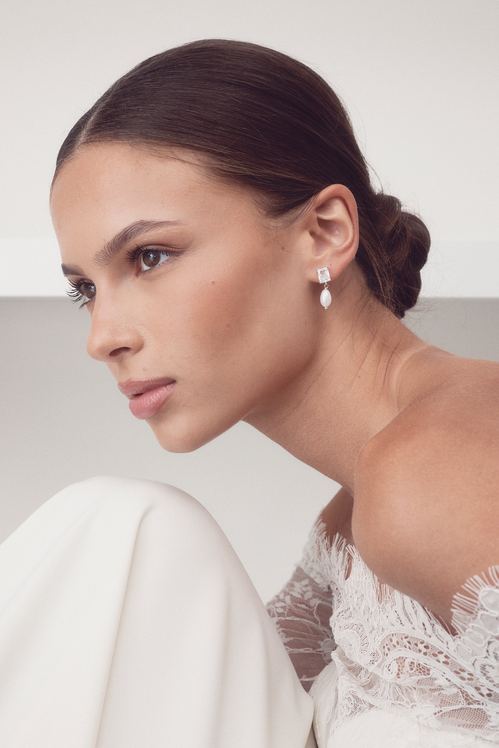 Helena - Baguette Crystal and Pearl Drop Bridal Earrings