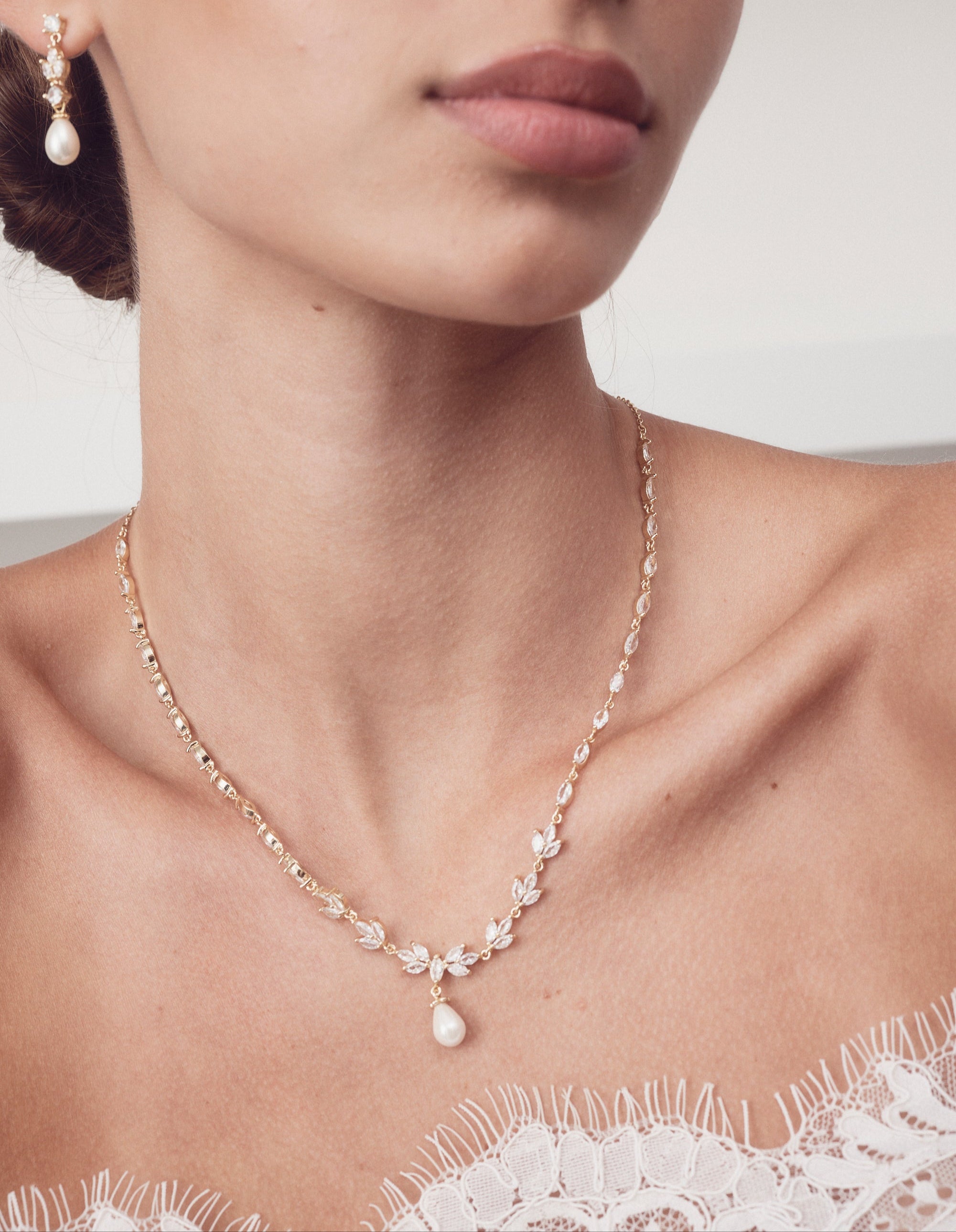 Liliana  - Delicate Crystal and Pearl Drop Bridal Necklace