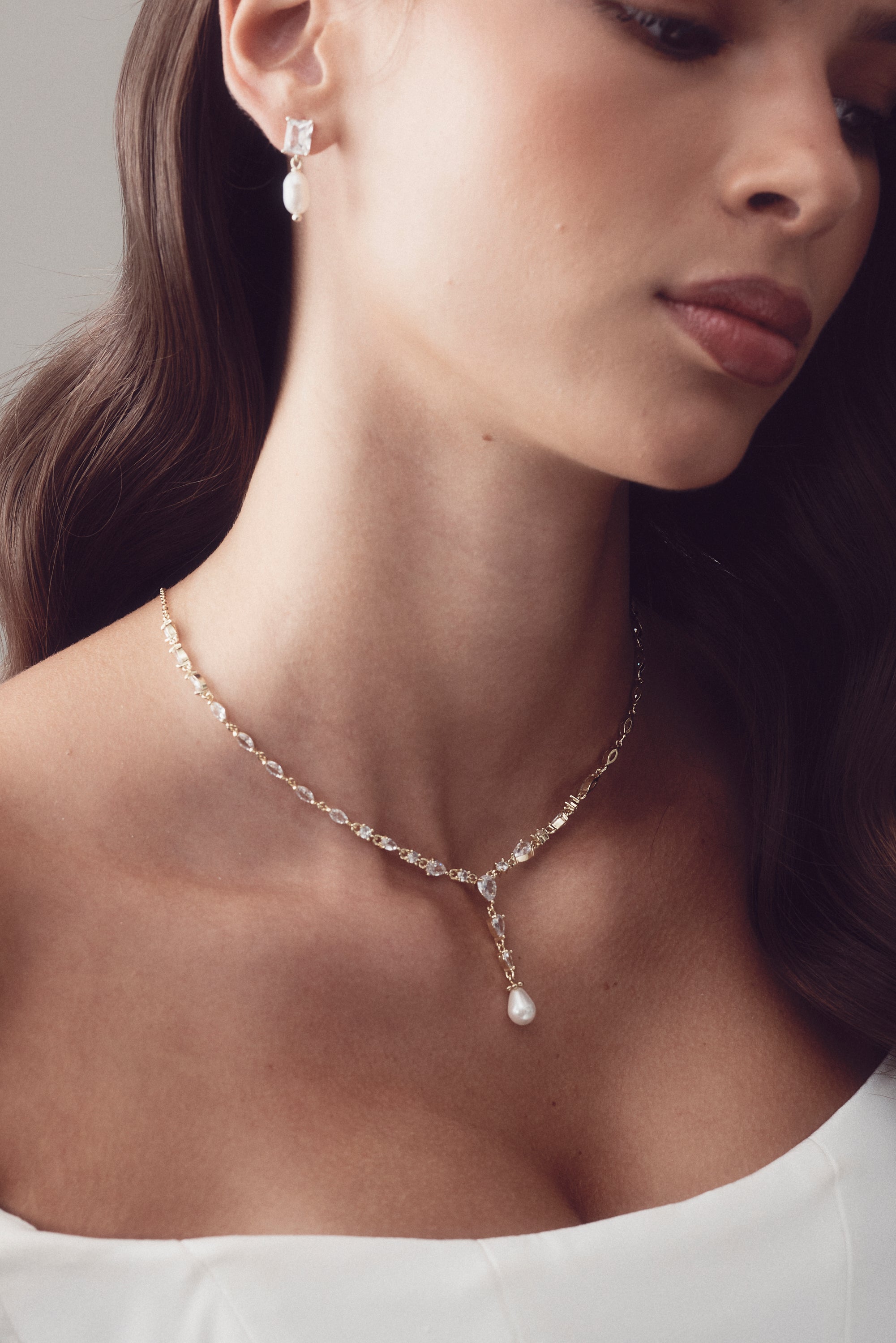 Helena - Baguette Crystal and Pearl Drop Bridal Earrings
