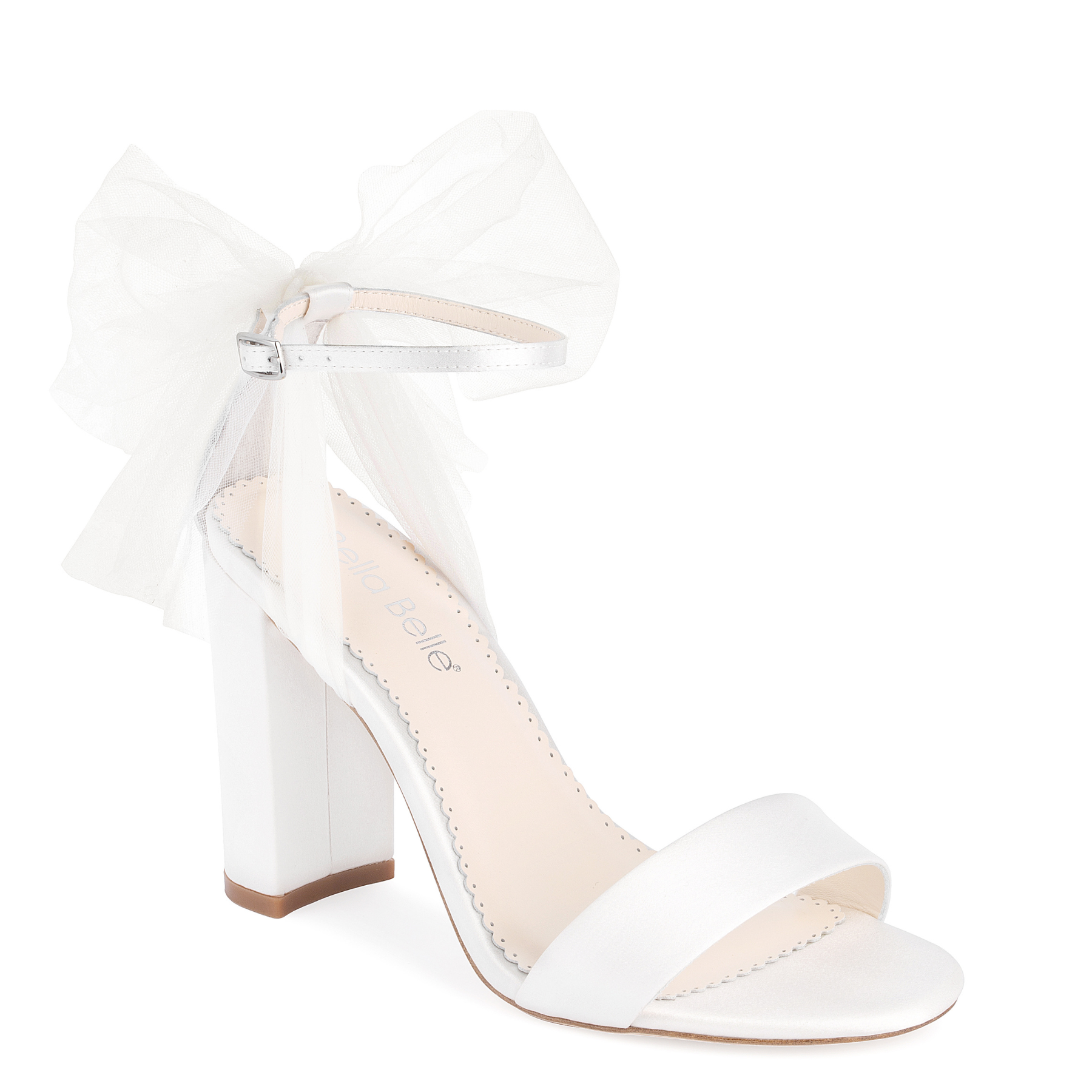 Reina - Ivory Open Toe Tulle Bow Block Heel Sandals with Ankle Straps