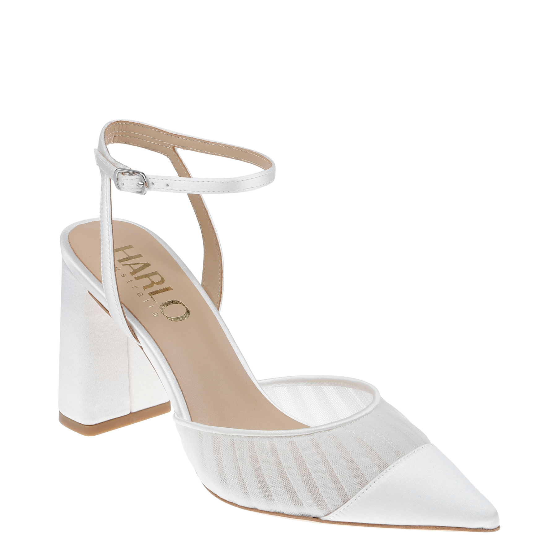 Fallon - Tulle & Satin Pointed Toe High Block Heel - Soft White