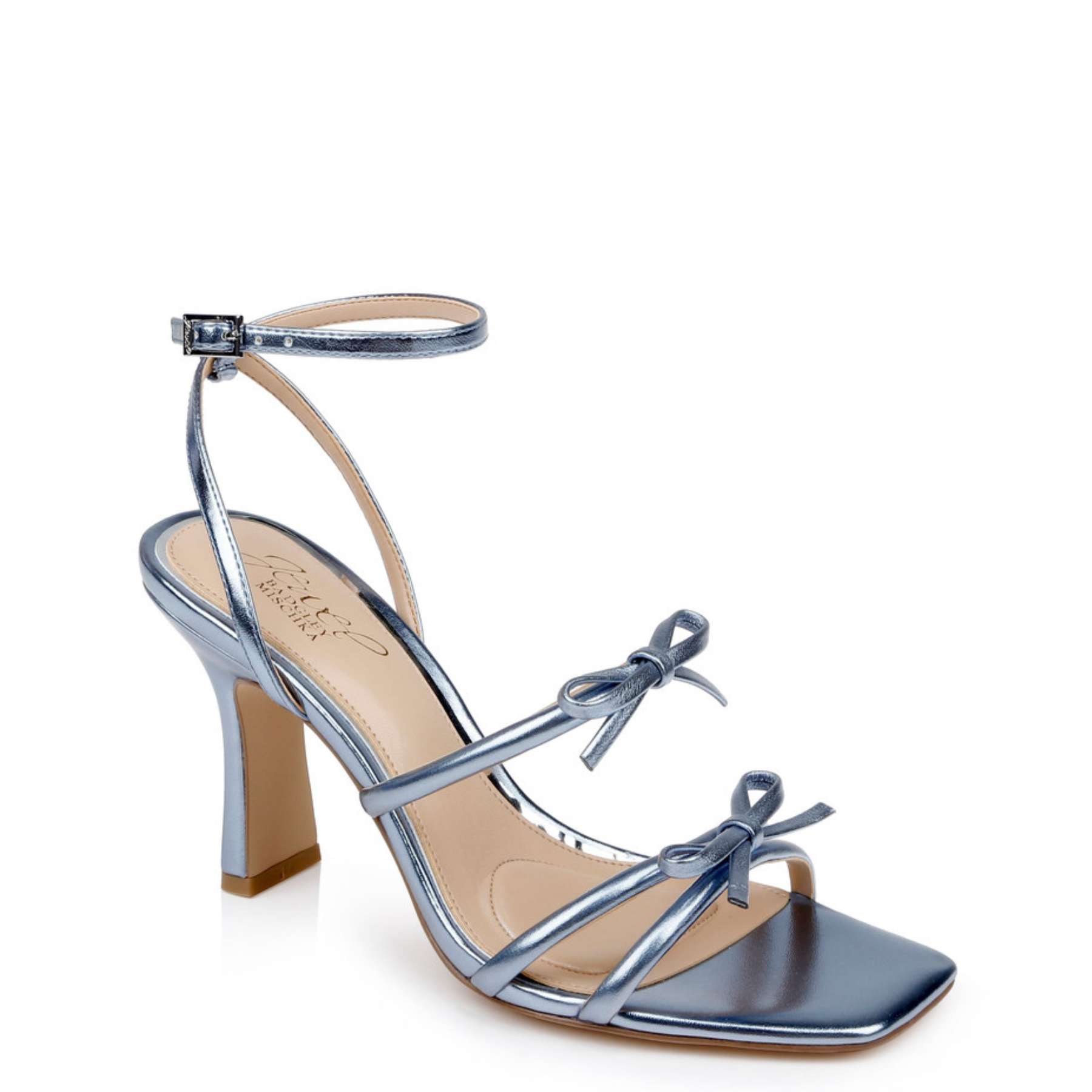 Kiyomi II - Metallic Block Stiletto Heel Sandals with Bow Straps - Blue