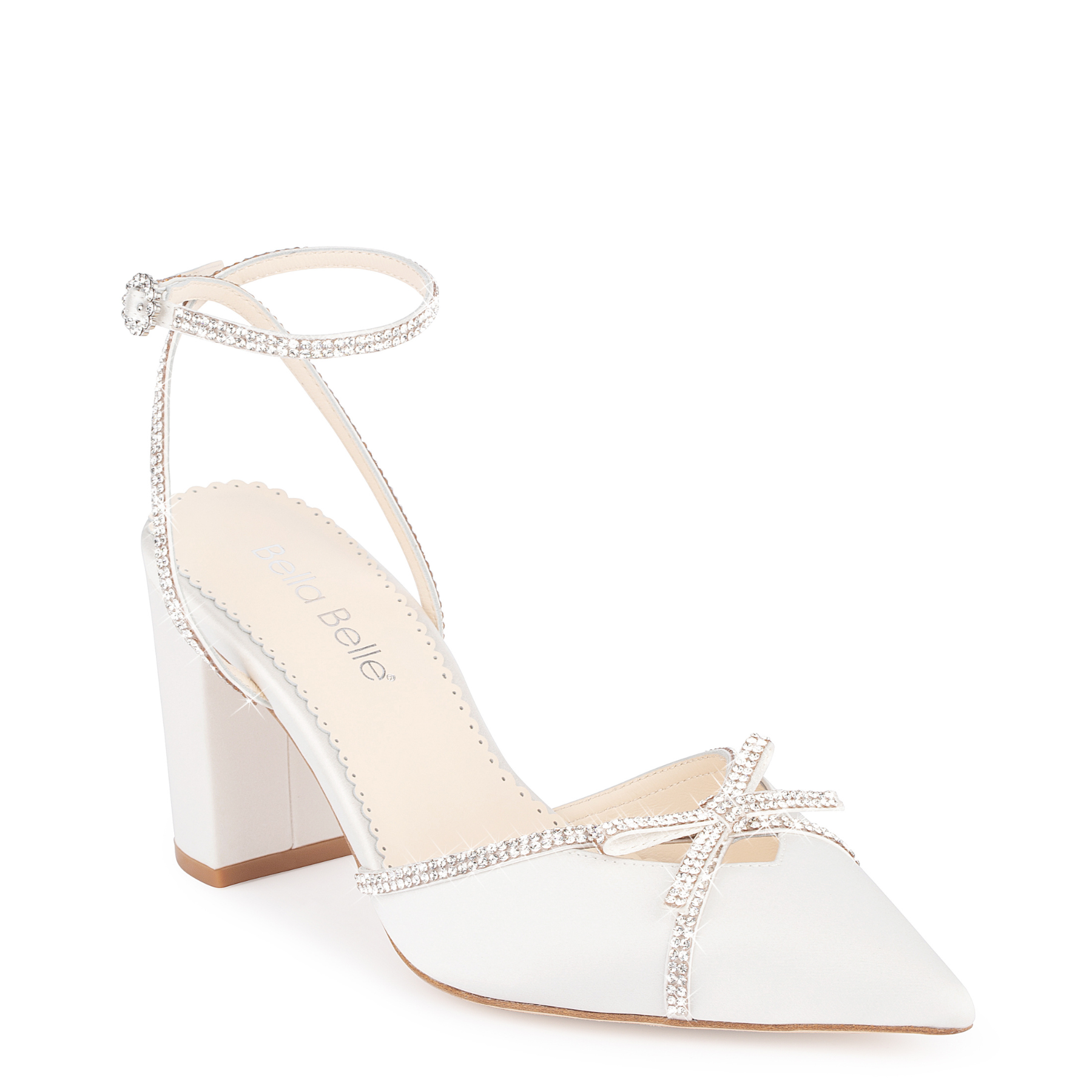 Karissa - Ivory Bridal Block Heels with Crystal Bows, Trim and Straps