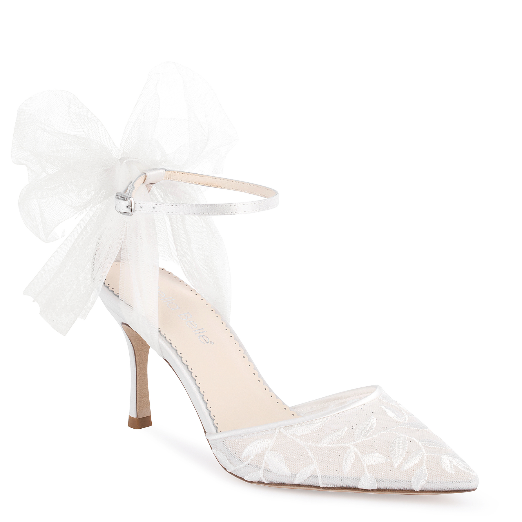 Joselyn - Vine Embroidered Ivory Lace Heels with Ankle Strap Tulle Bows