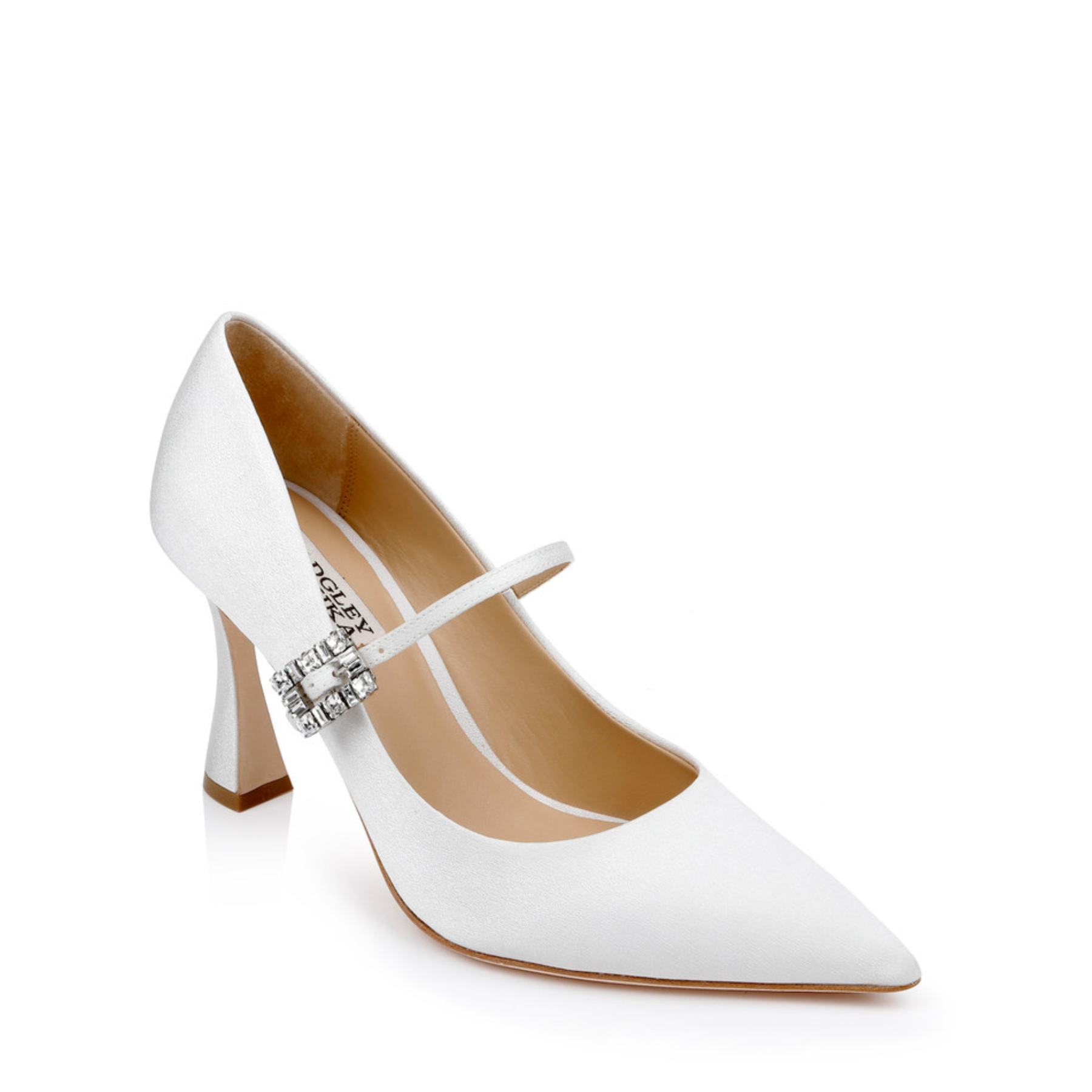 Antonia - Pointed Toe Mary Jane Pumps with Crystal Buckle - White