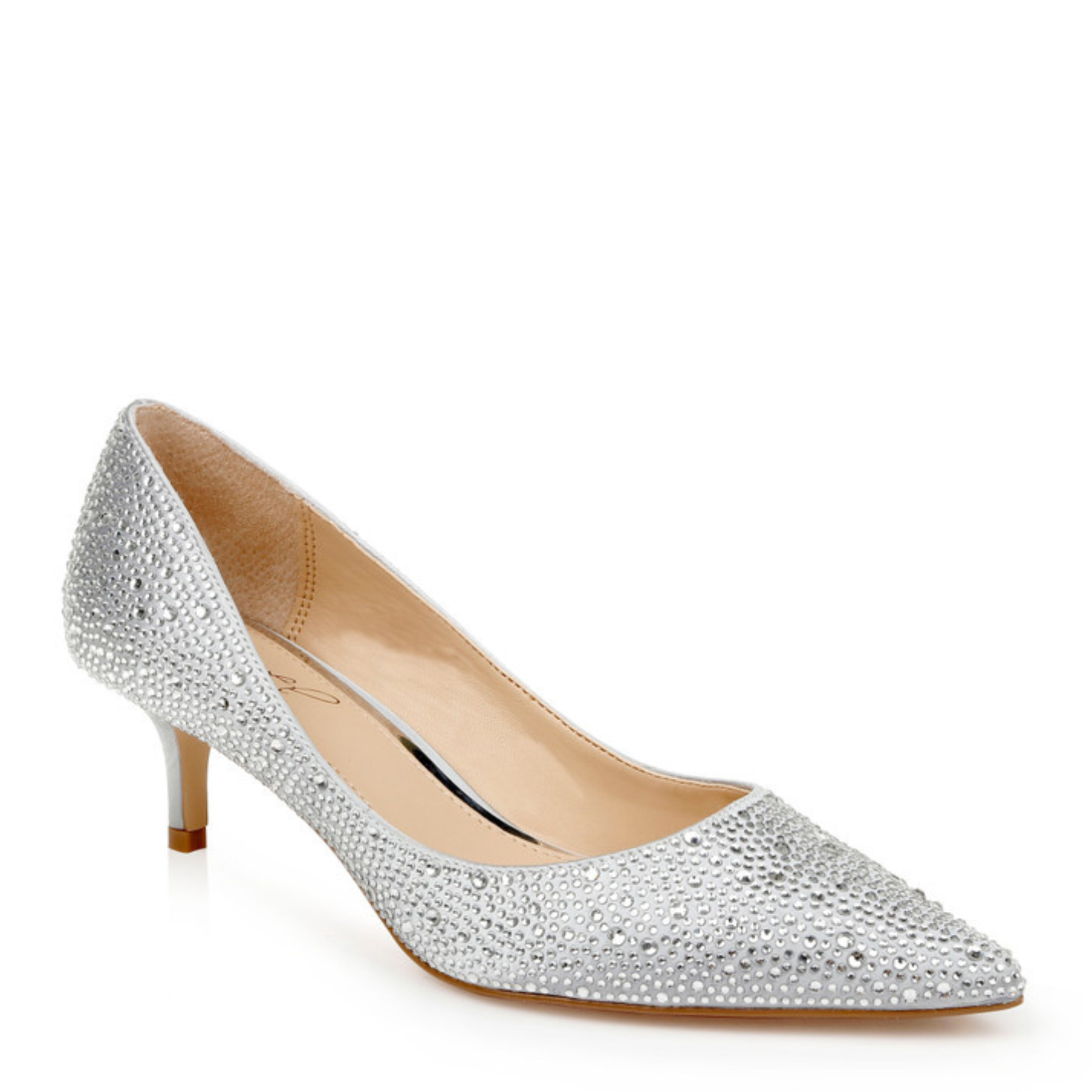 Frenchie - Crystal Embellished Pointed Toe Kitten Heels - Silver