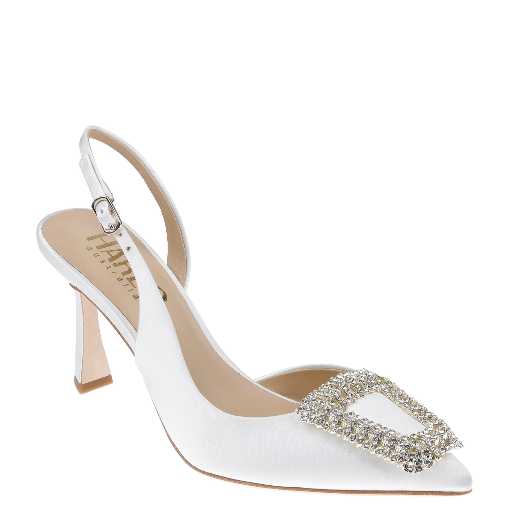 Freya - Pointed Toe Slingback Stiletto with Crystal Buckle - Soft White