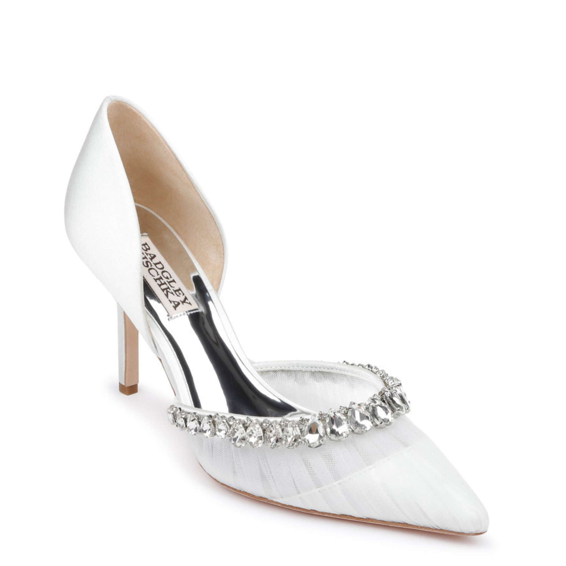Everley - Satin & Tulle D'orsay Heels with Crystal Embellishments - Soft White