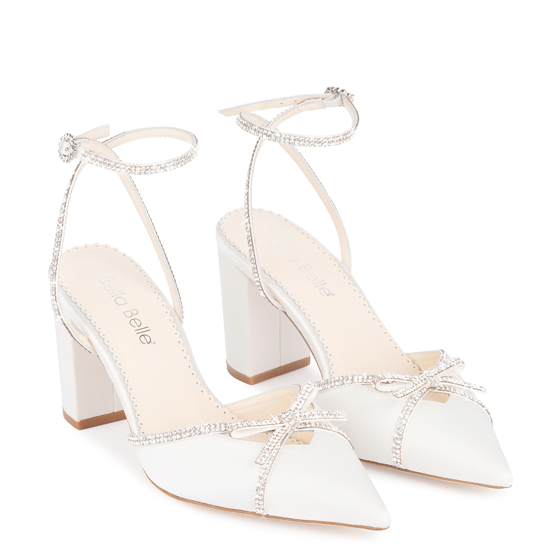 Karissa - Ivory Bridal Block Heels with Crystal Bows, Trim and Straps