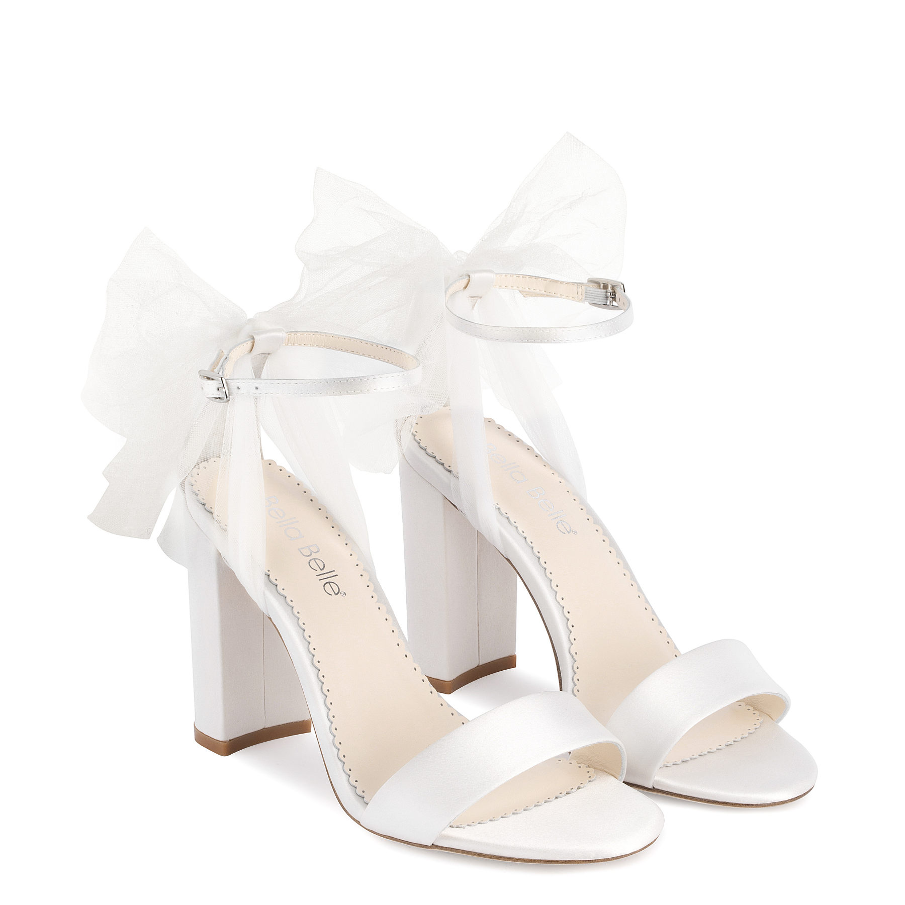 Bella Belle Reina Ivory Open Toe Tulle Bow Block Heel Sandals with Ankle Straps The White Collection