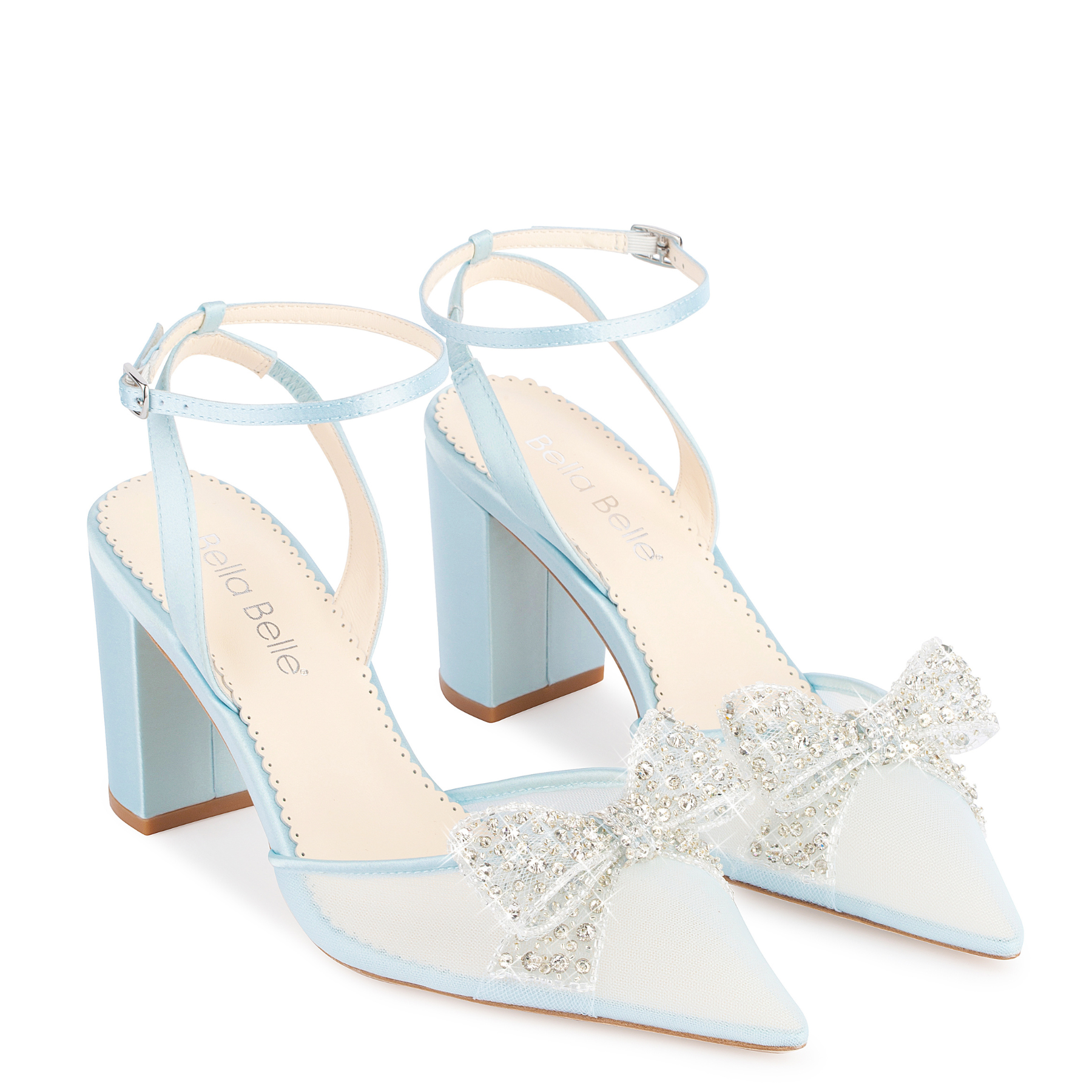 Athena - Blue Crystal Block Heels with Removable Ankle Strap