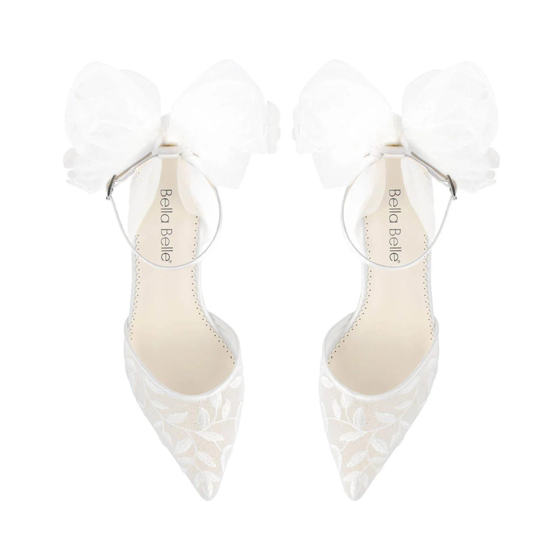 Joelle - Ivory Lace Embroidered 2 Inch Block Heels with Tulle Bow