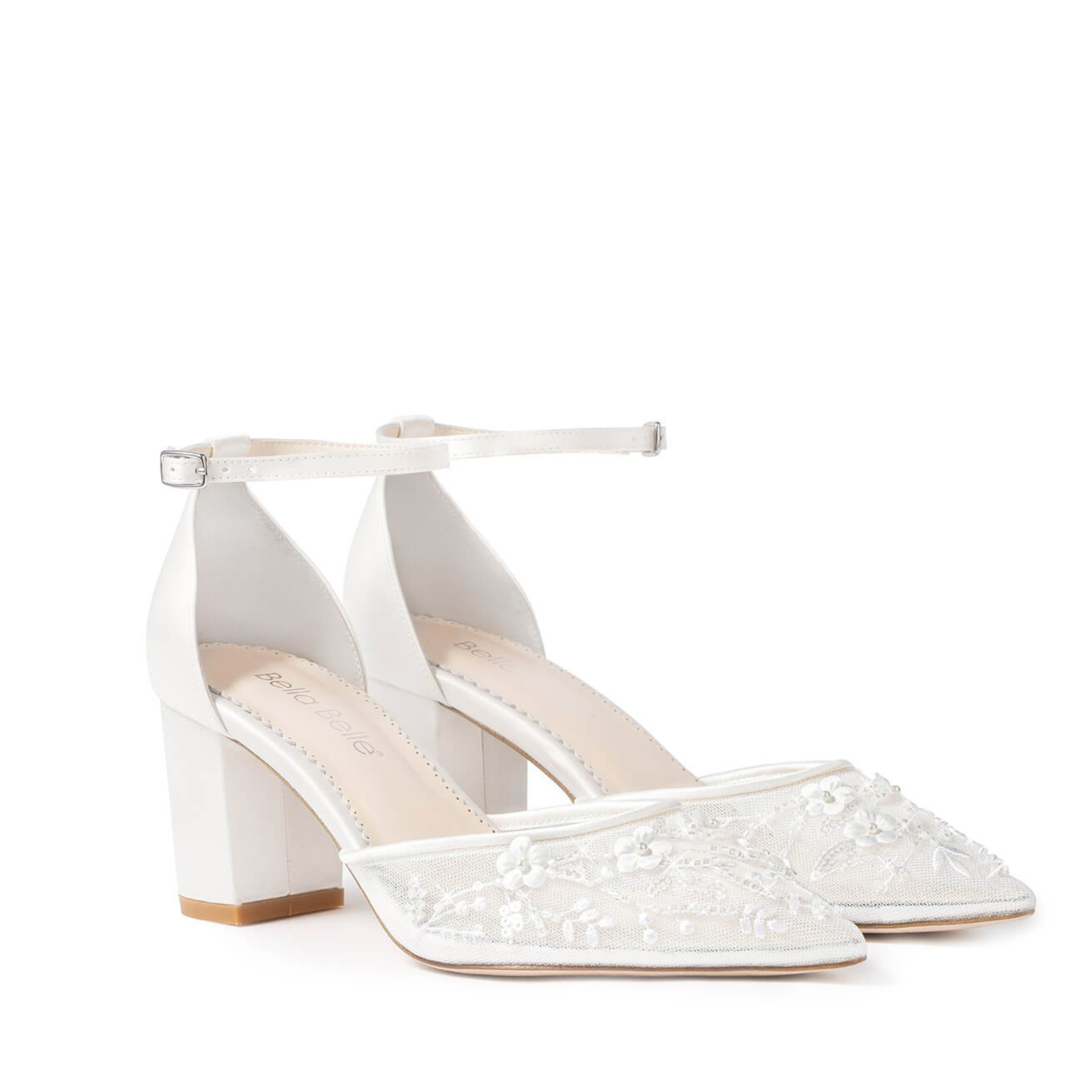 Thea - Floral Illusion Mesh Closed Toe Block Heels - Ivory