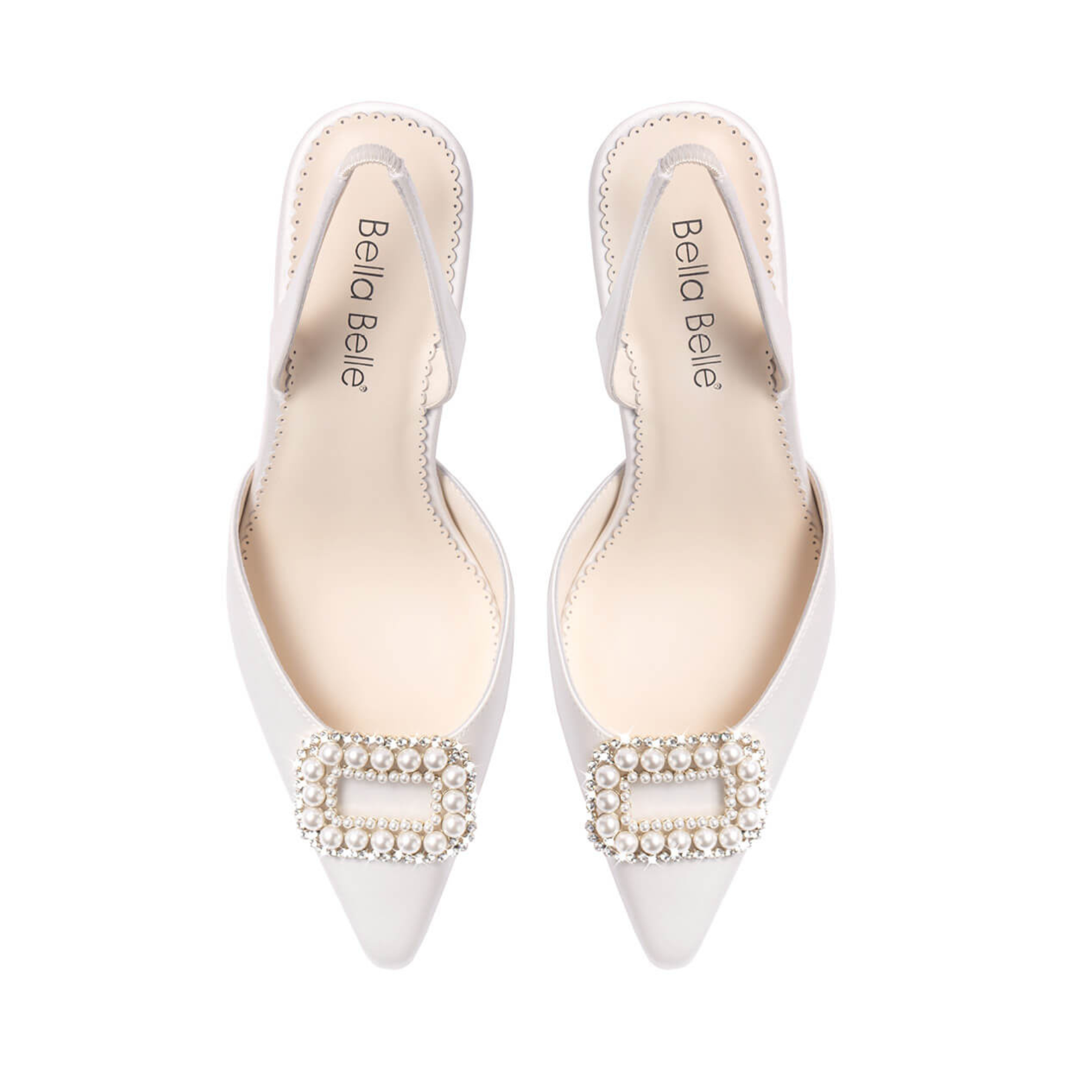 Andie - Closed Toe Spool Heel Slingbacks with Crystal and Pearl Brooch - Ivory