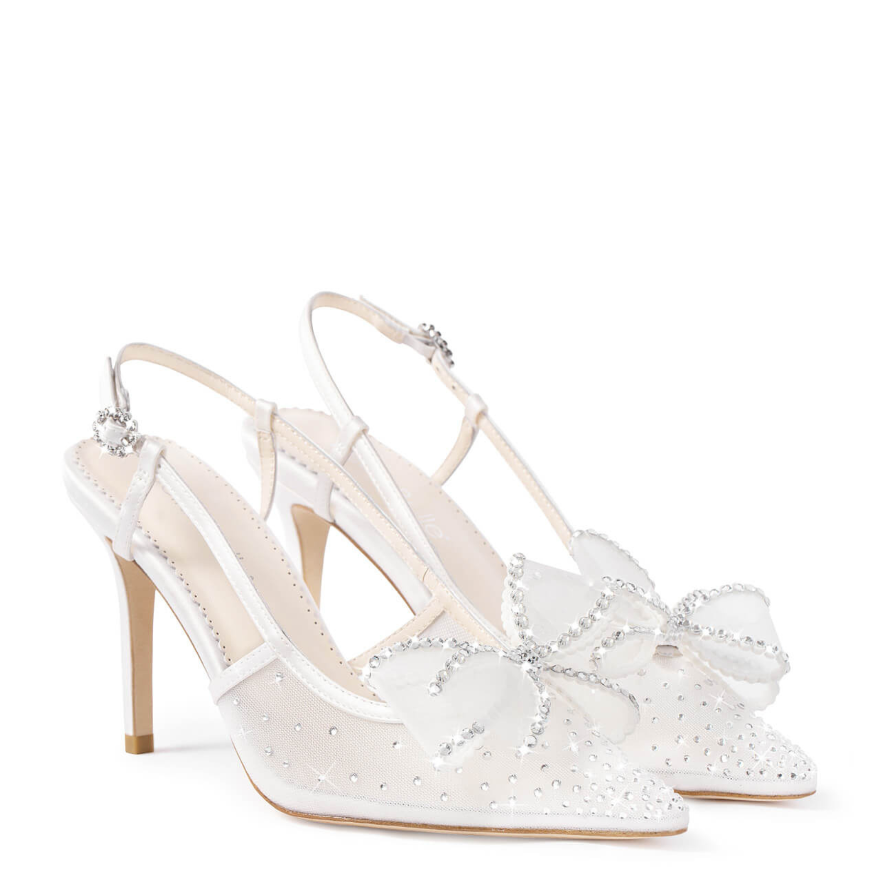 Chriselle - Crystal Bow Mesh Slingback Heels with Removable Bow - Ivory