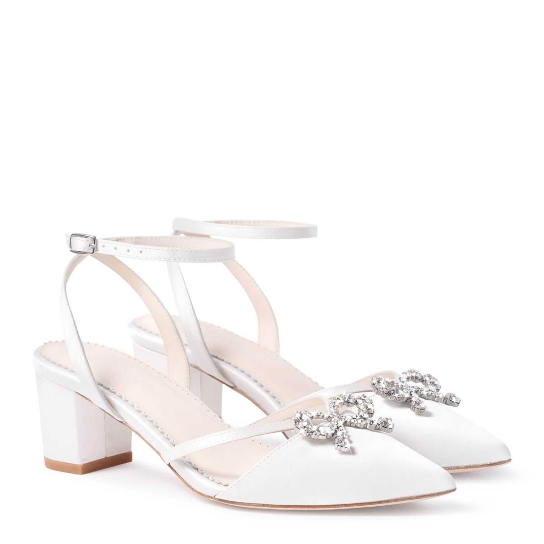 Amira - Pointed Toe Ankle Strap Crystal Bow Heels - Ivory