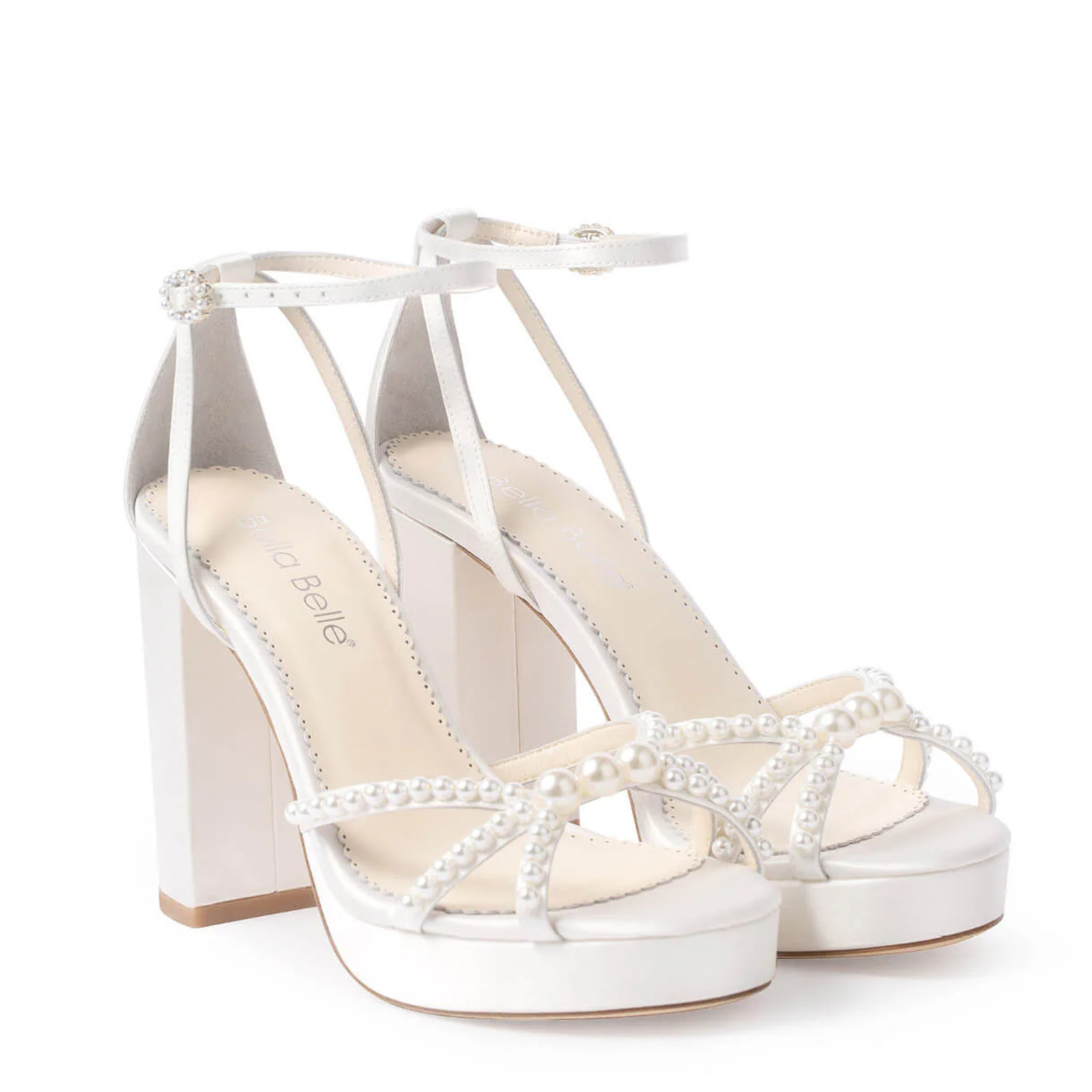 Lola - Open Toe Strappy Pearl Platform Heels - Ivory