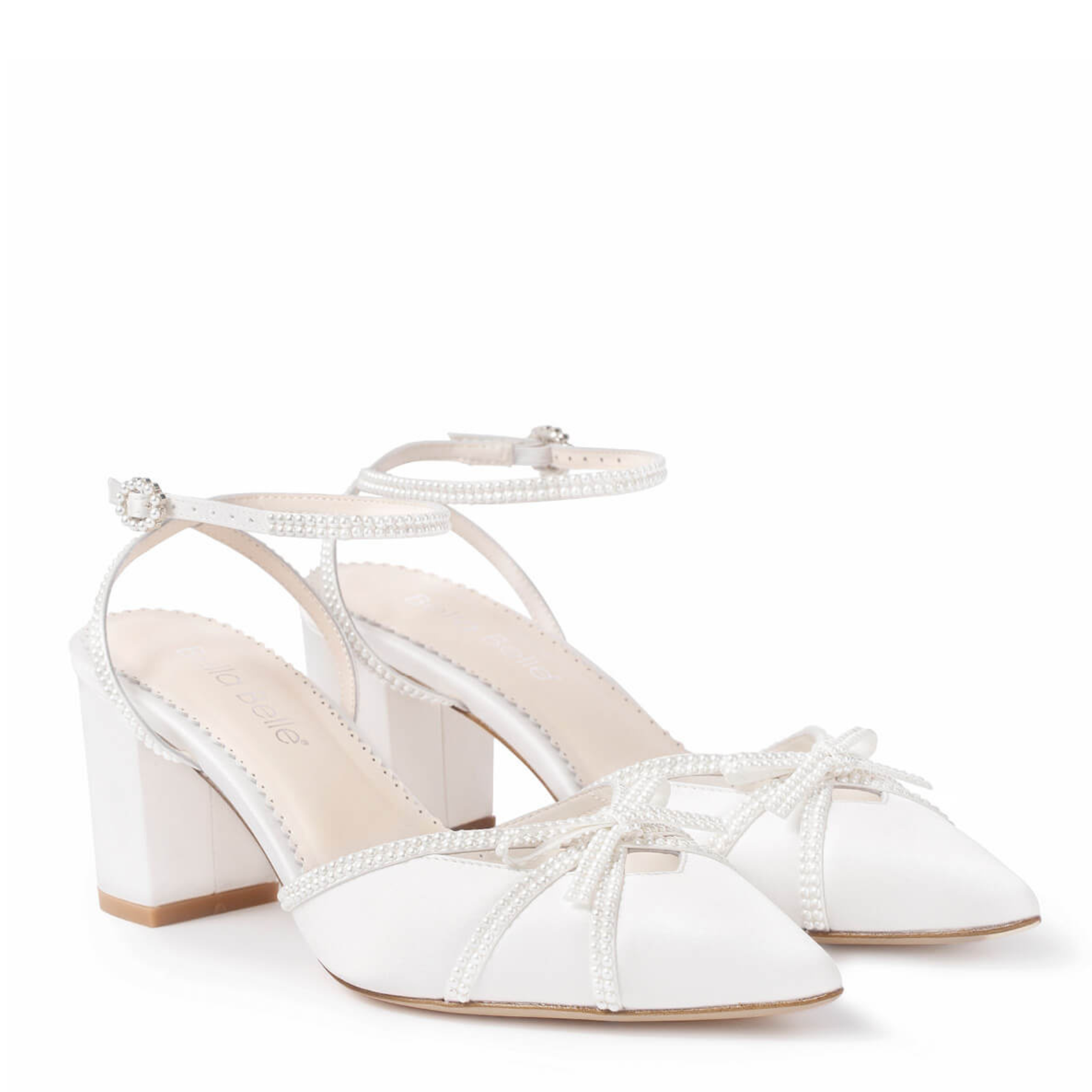 Alexia - Closed Toe Pearl Bow Block Heels with Pearl Straps - Ivory