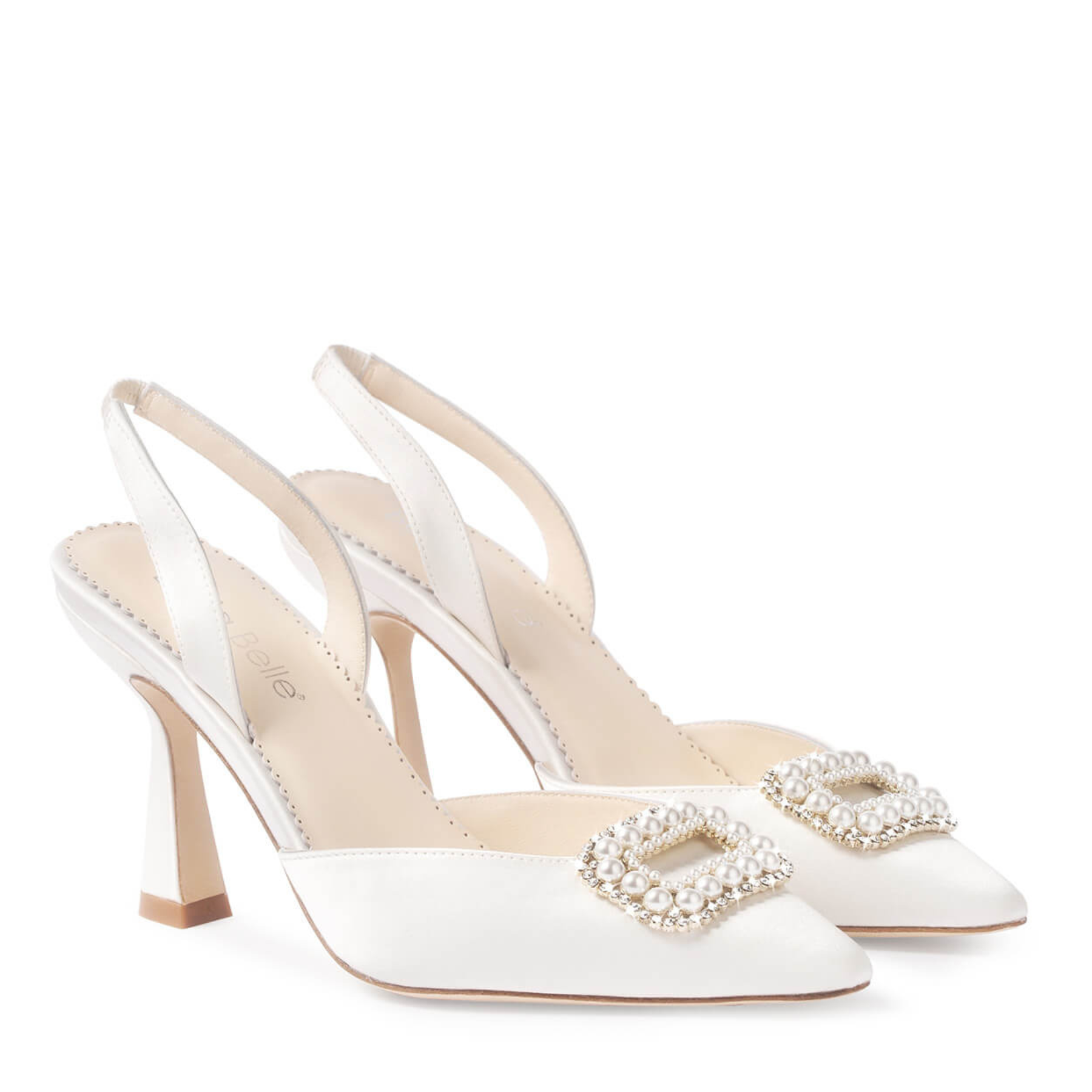 Andie - Closed Toe Spool Heel Slingbacks with Crystal and Pearl Brooch - Ivory