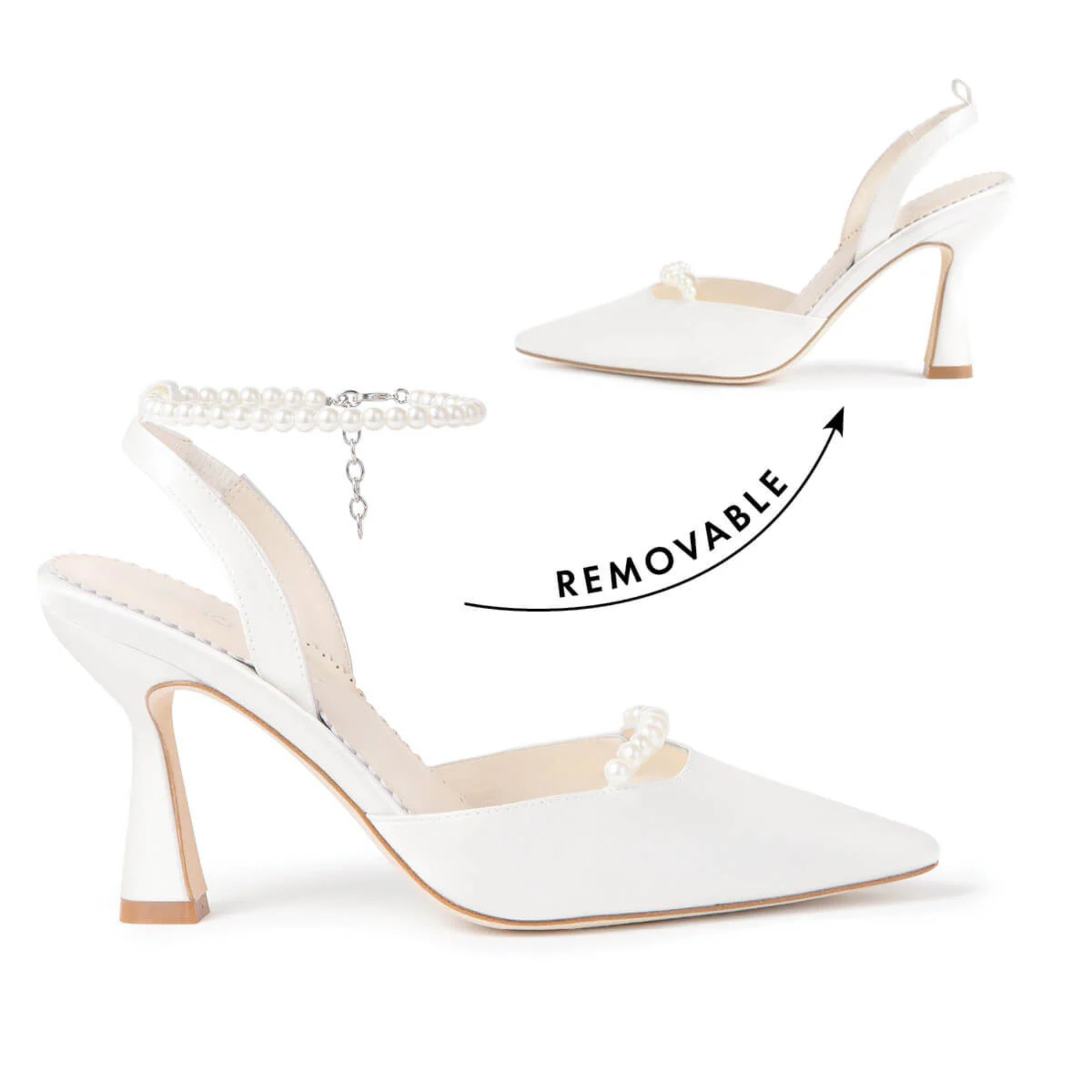 Cecilia - Slingback Pointed Toe Bridal Shoes with Removable Pearl Ankle Strap - Ivory