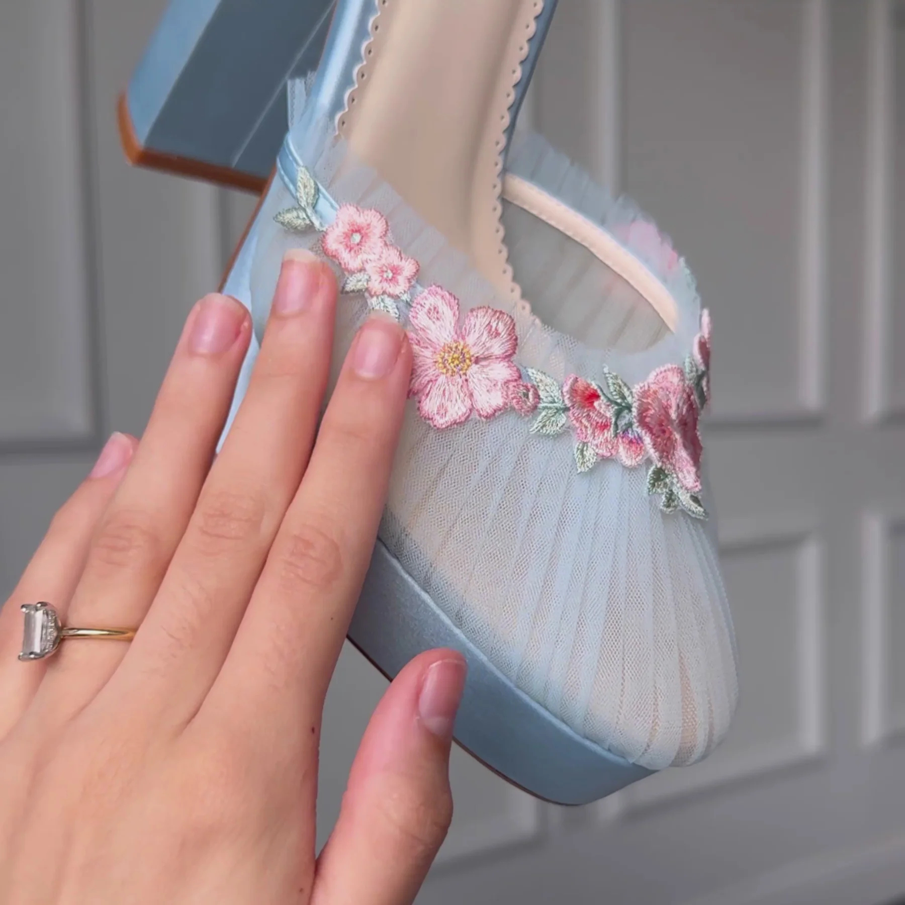 Celeste - Pleated Tulle Block Heel Wedding Shoes with Blush Blossom Detailing - Blue