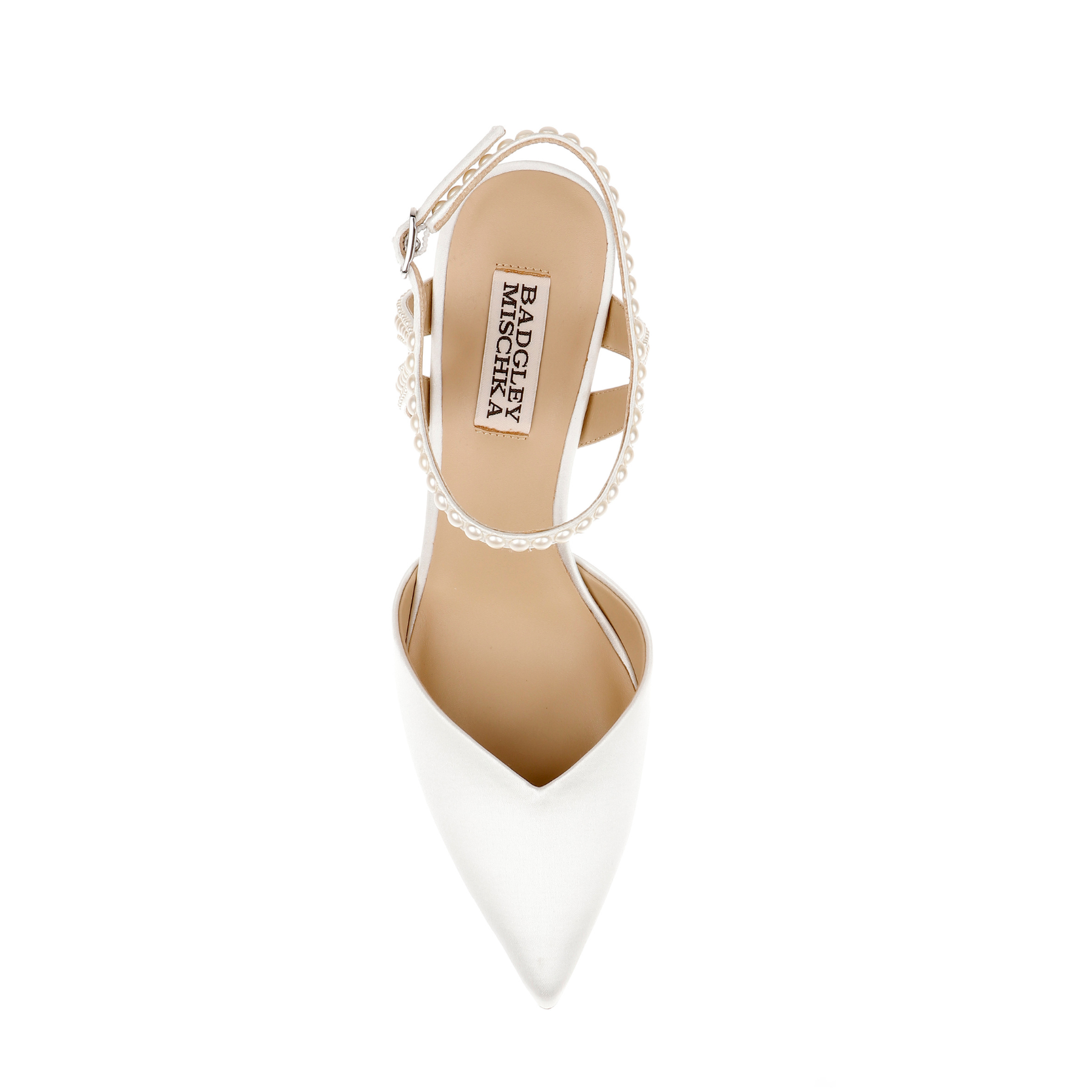 Destinee - Pointed Toe Satin Pumps with Pearl Strap - Soft White