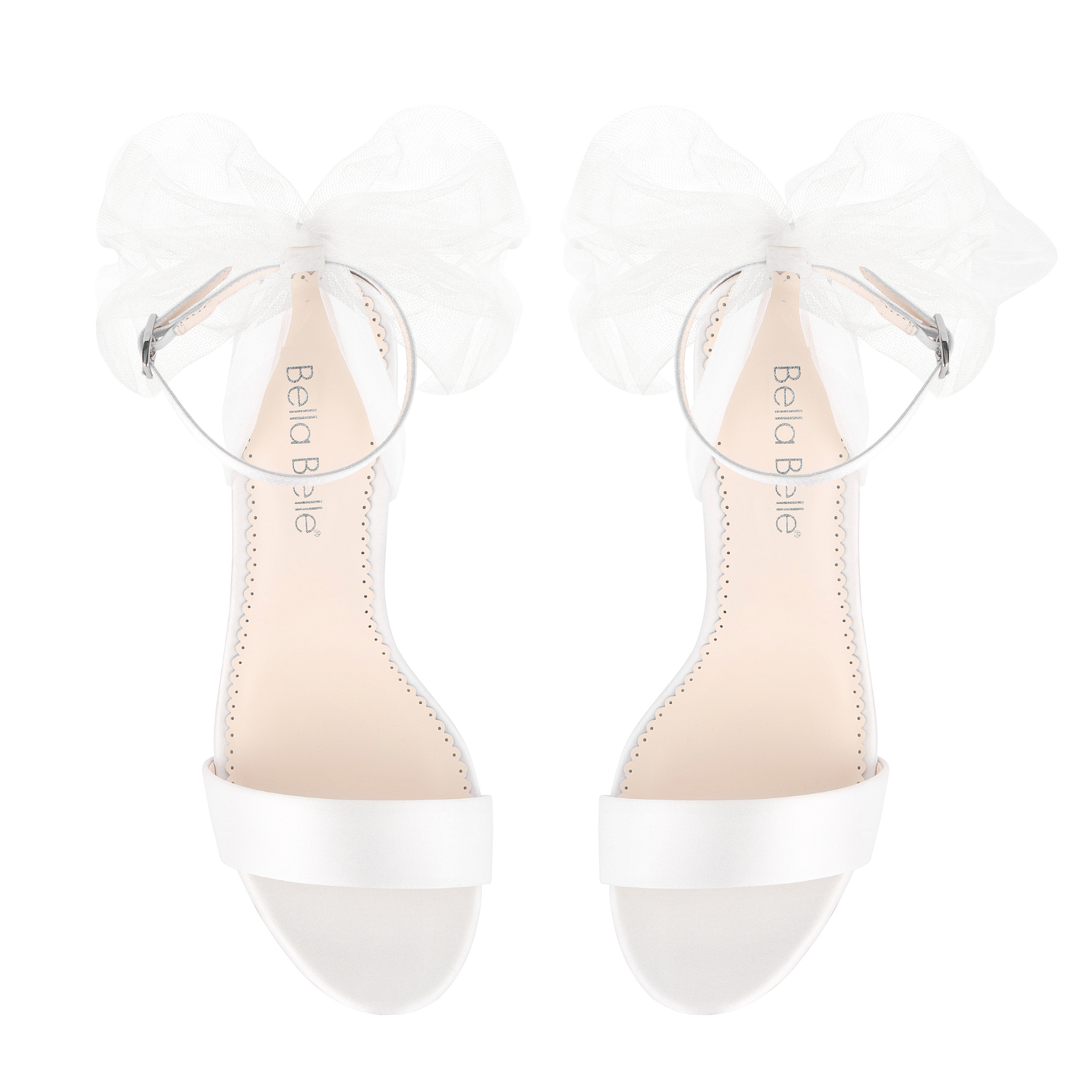 Reina - Ivory Open Toe Tulle Bow Block Heel Sandals with Ankle Straps