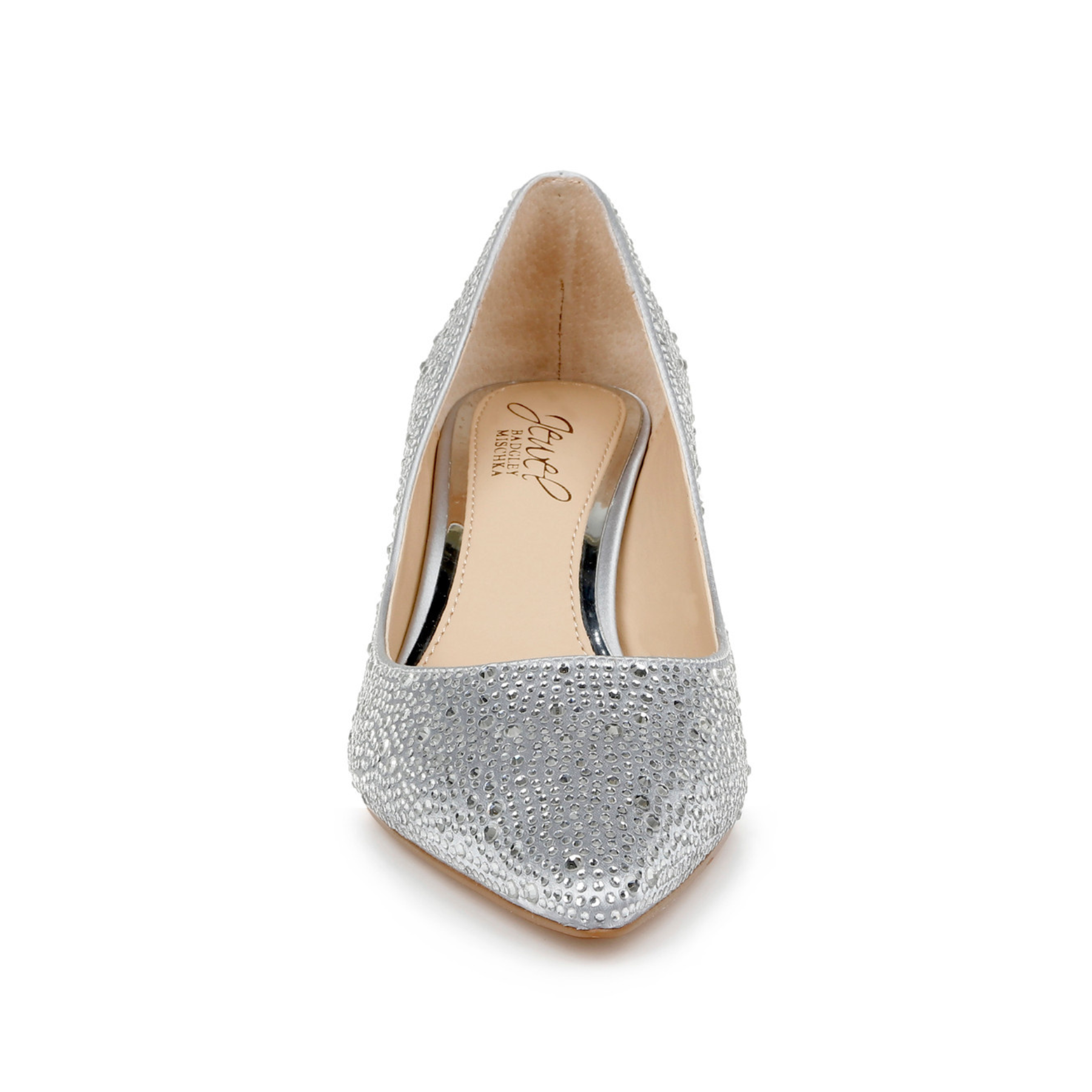 Frenchie - Crystal Embellished Pointed Toe Kitten Heels - Silver