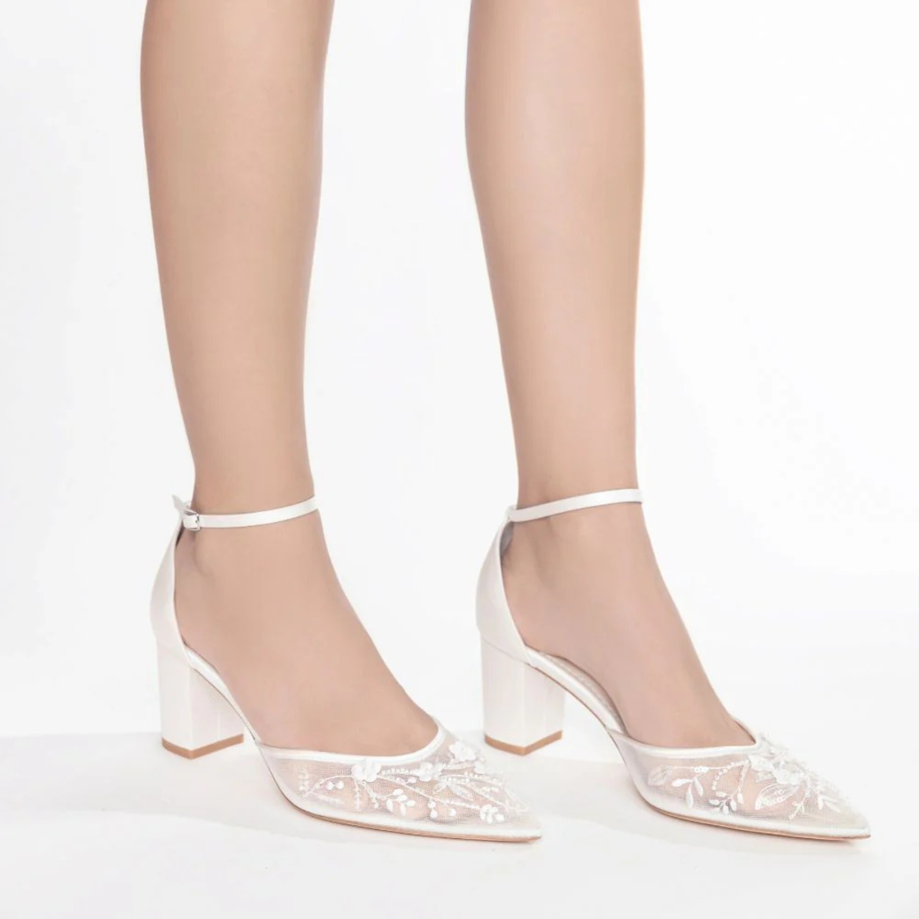 Thea - Floral Illusion Mesh Closed Toe Block Heels - Ivory