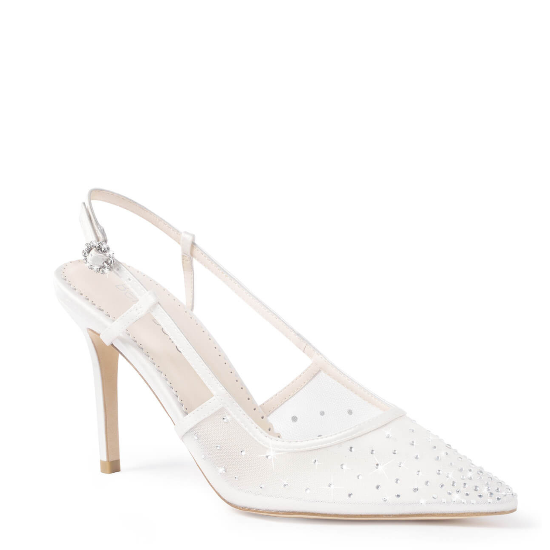 Chriselle - Crystal Bow Mesh Slingback Heels with Removable Bow - Ivory