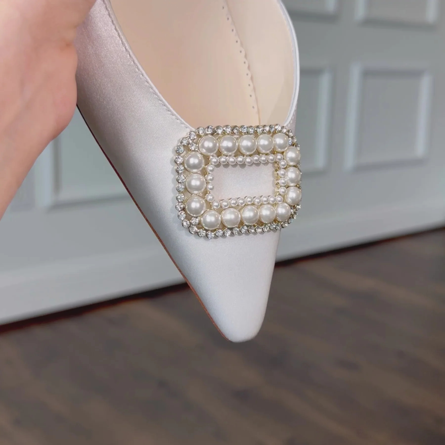 Andie - Closed Toe Spool Heel Slingbacks with Crystal and Pearl Brooch - Ivory