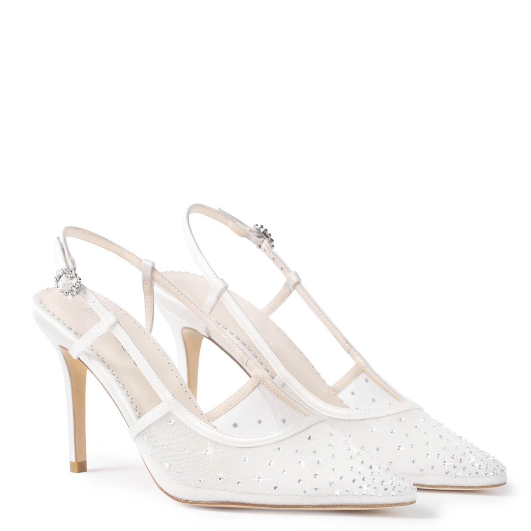 Chriselle - Crystal Bow Mesh Slingback Heels with Removable Bow - Ivory